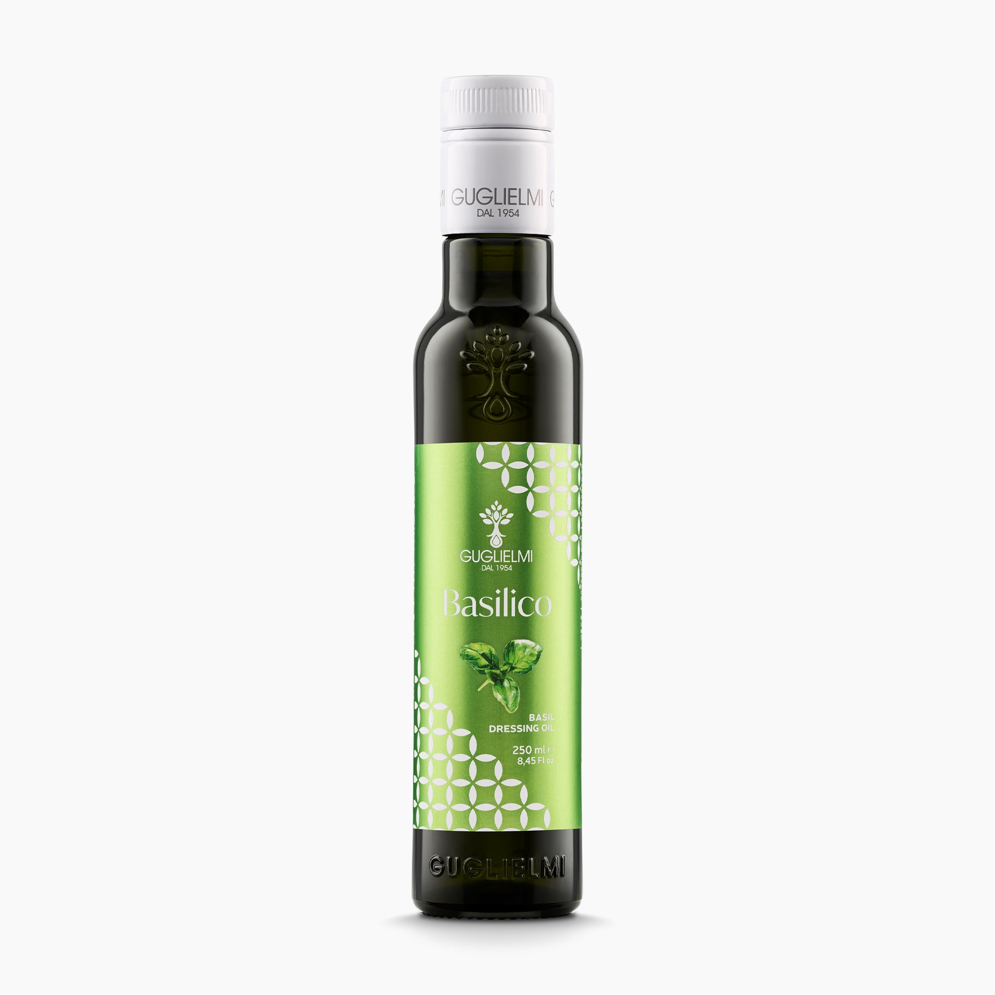 250 ml bottle of Olio Guglielmi Crushed Basil flavored extra virgin olive oil.