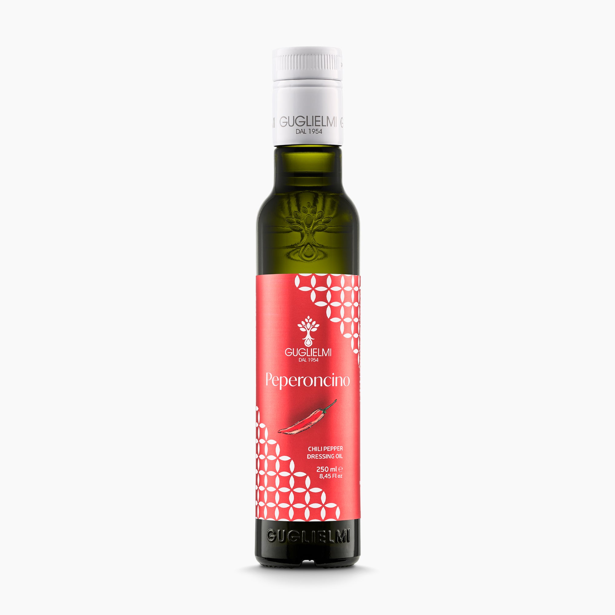 250 ml bottle of Olio Guglielmi Crushed Chili Pepper extra virgin olive oil.