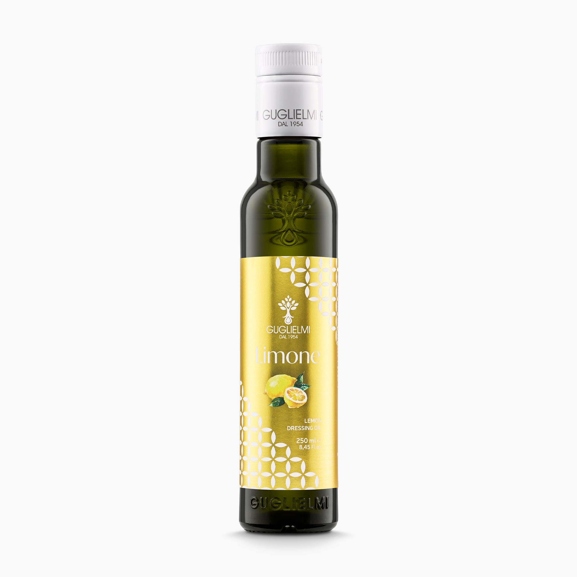 250 ml bottle of Olio Guglielmi Crushed Lemon flavored extra virgin olive oil.