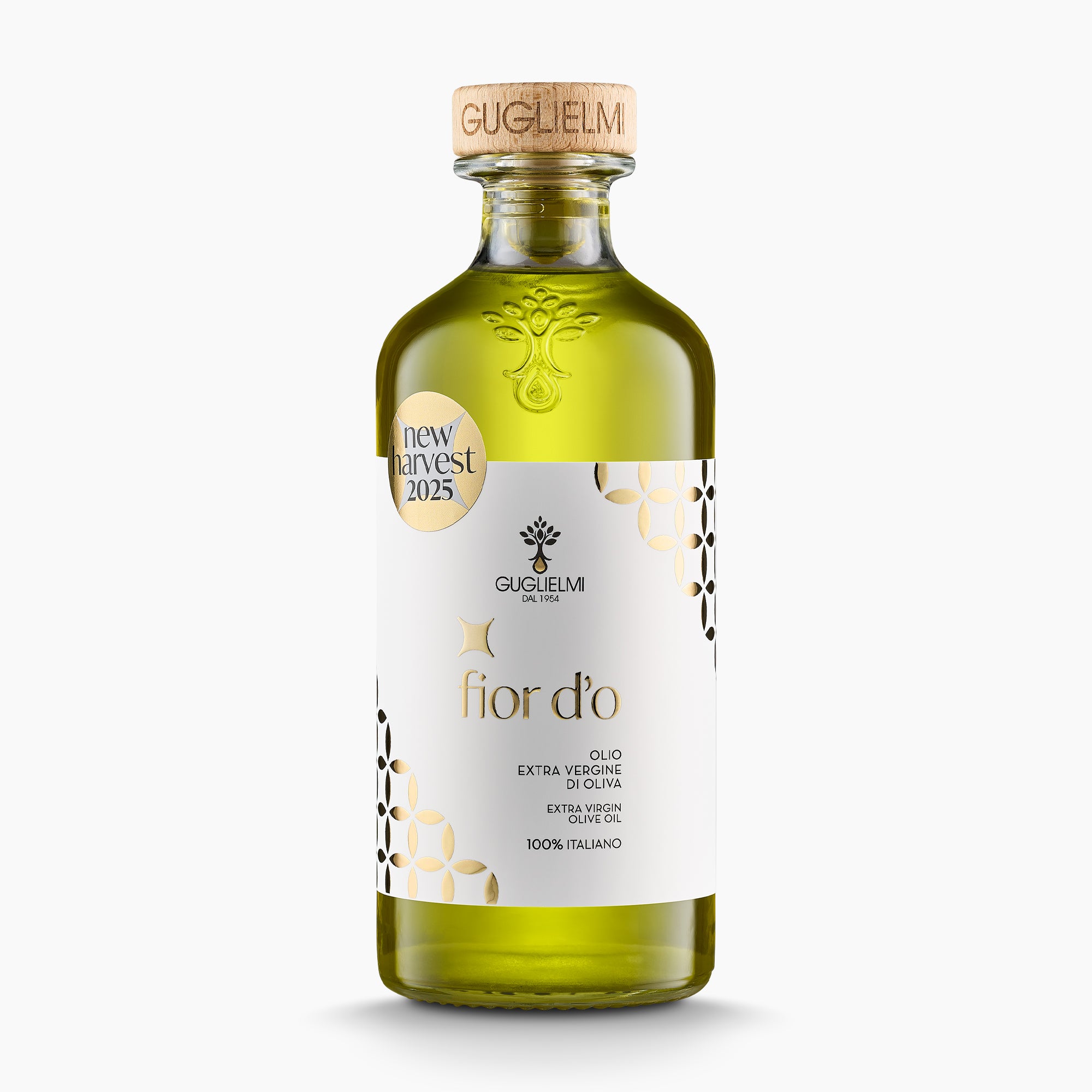 Guglielmi Fior D’O Nuovo 500ml extra virgin olive oil bottle, from Puglia, Italy.