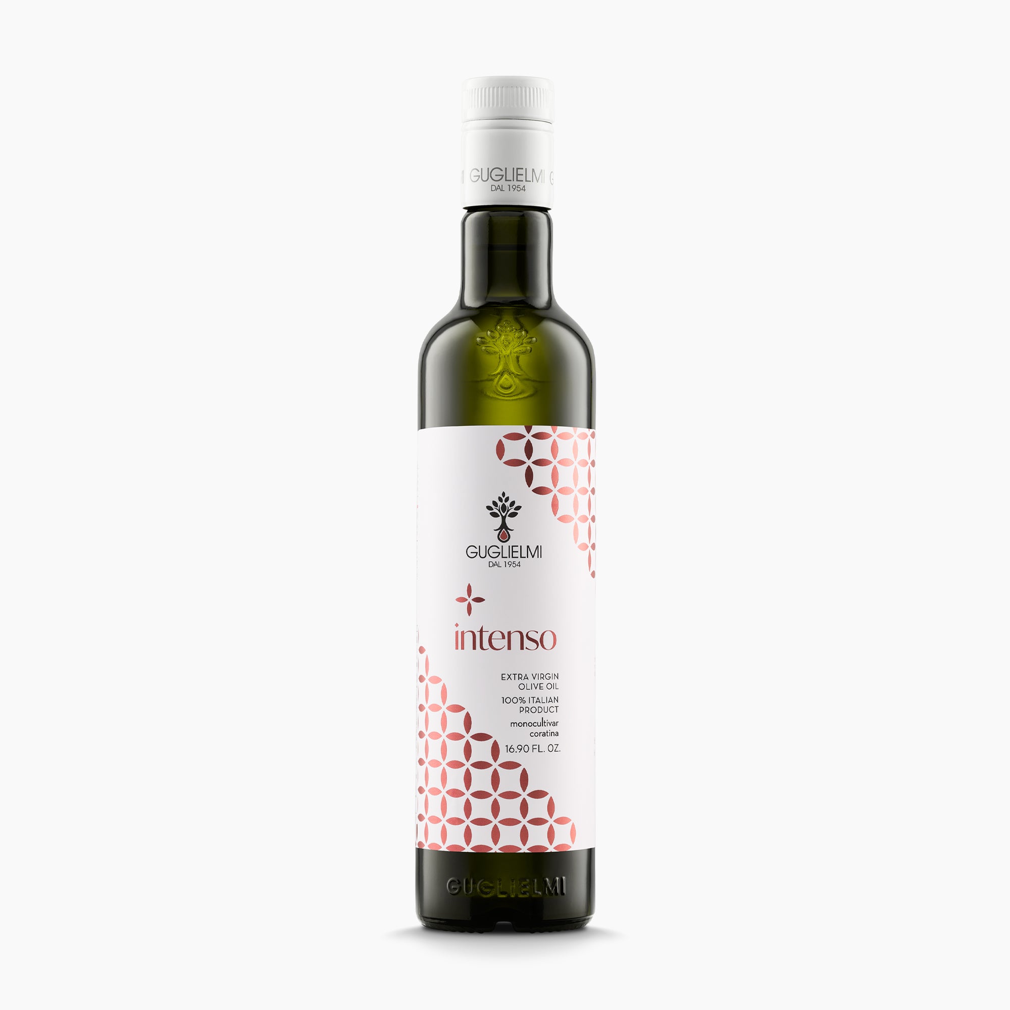 Guglielmi Intenso robust-intensity extra virgin olive oil 500 ml bottle from Coratina olives in Puglia, Italy.