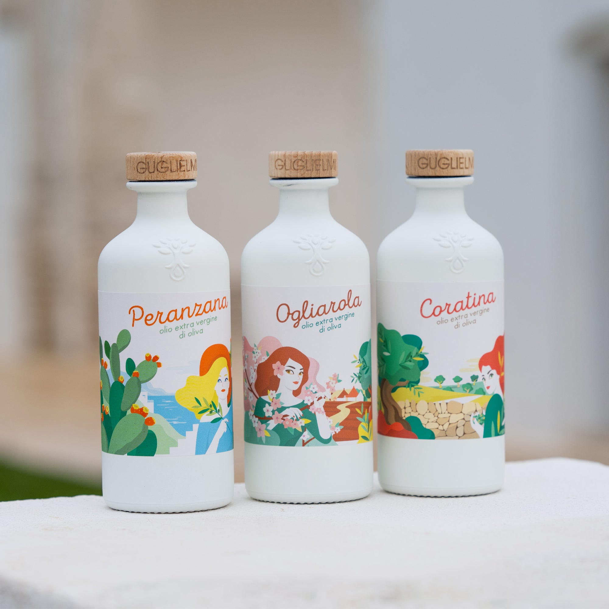 Three 500ml Guglielmi Le Monocultivar olive oils from Puglia: Peranzana, Ogliarola and Coratina.