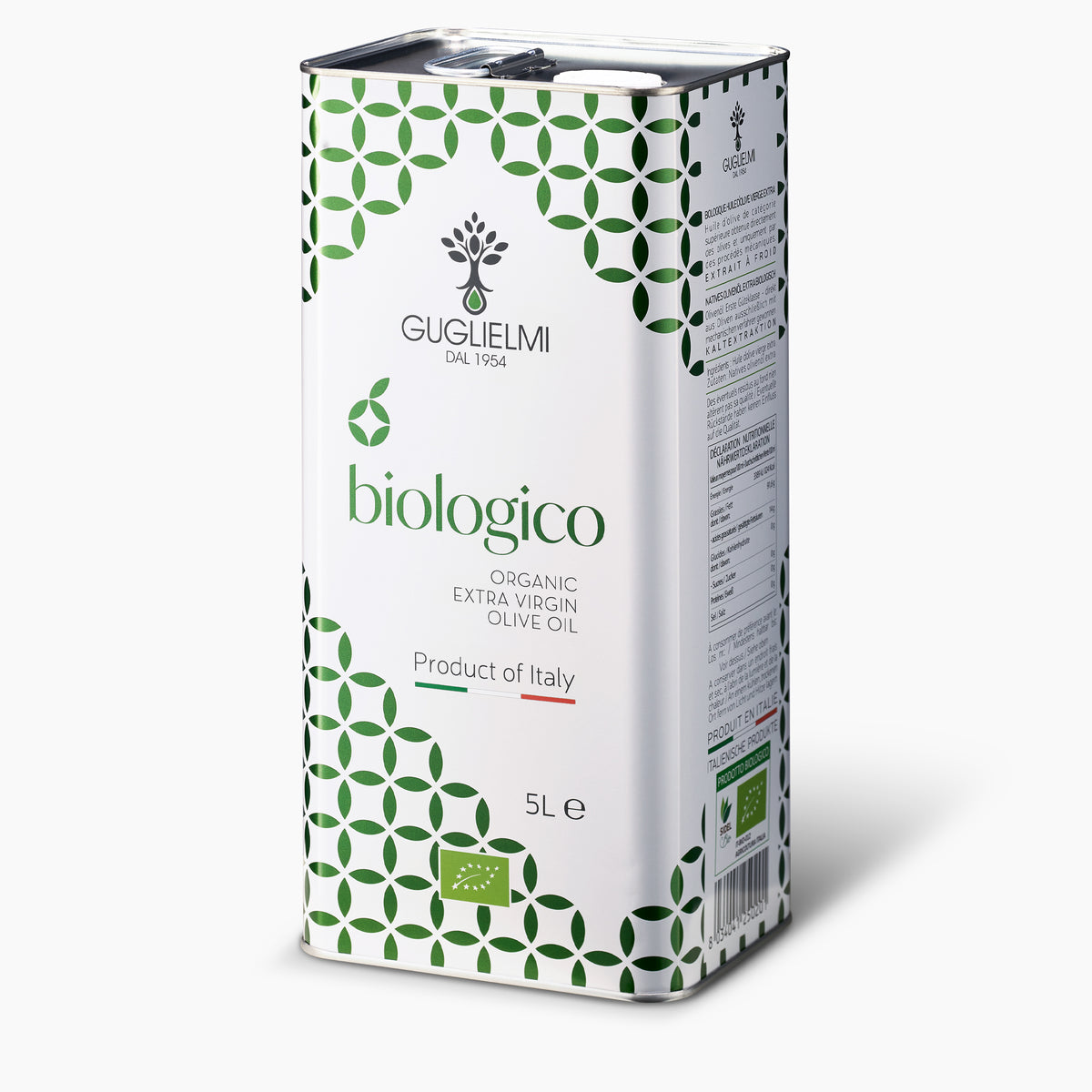 Angled view of Guglielmi Biologico 5L Tin extra virgin olive oil from Puglia, Italy.