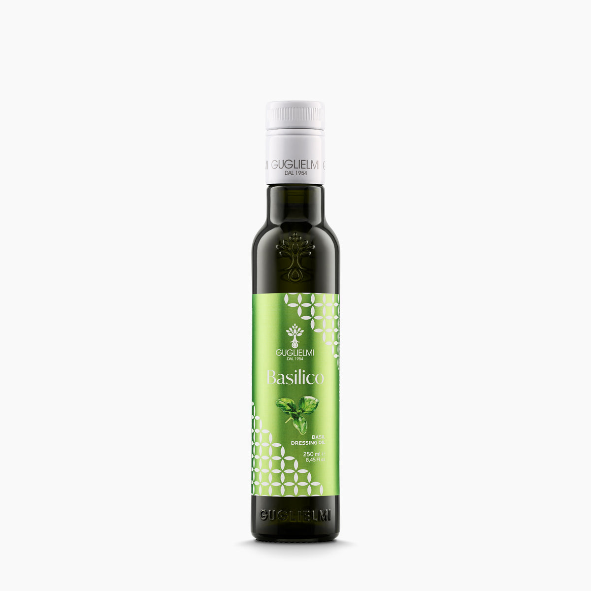 250 ml bottle of Olio Guglielmi Crushed Basil flavored extra virgin olive oil.