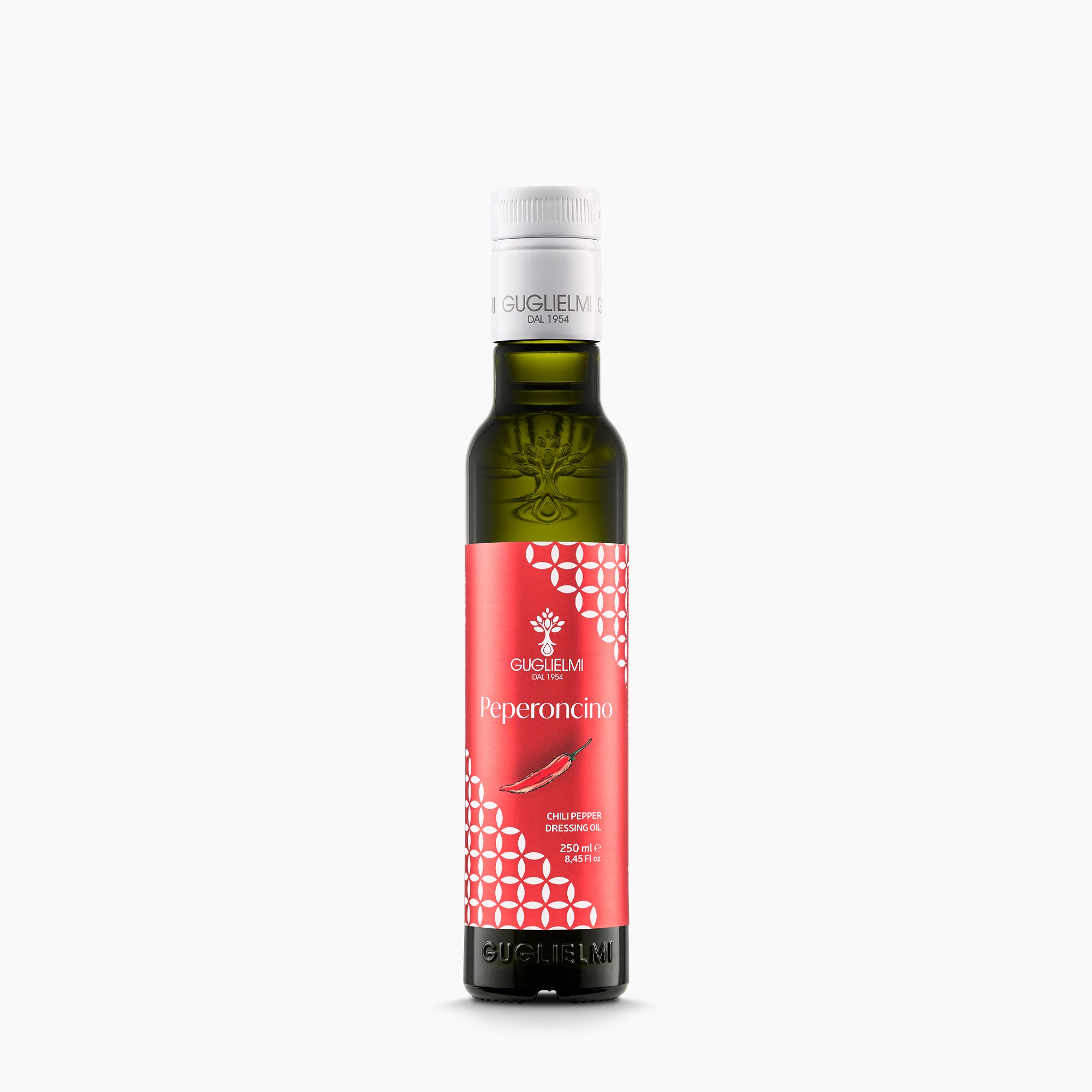 250 ml bottle of Olio Guglielmi Crushed Chili Pepper extra virgin olive oil.