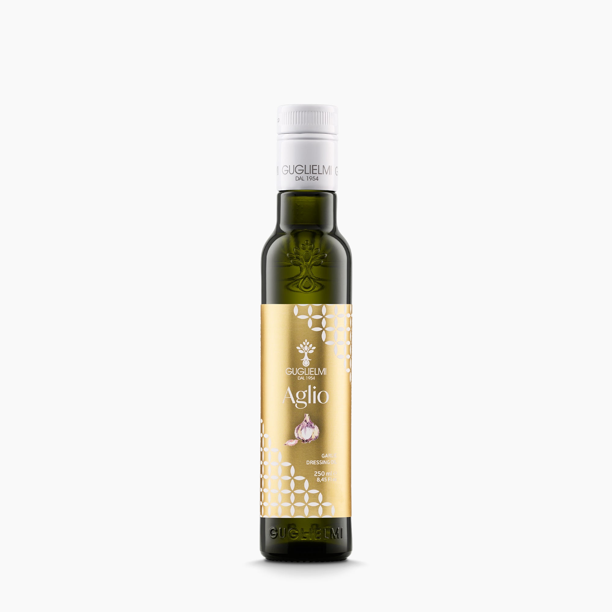 250 ml bottle of Olio Guglielmi Crushed Garlic flavored extra virgin olive oil.