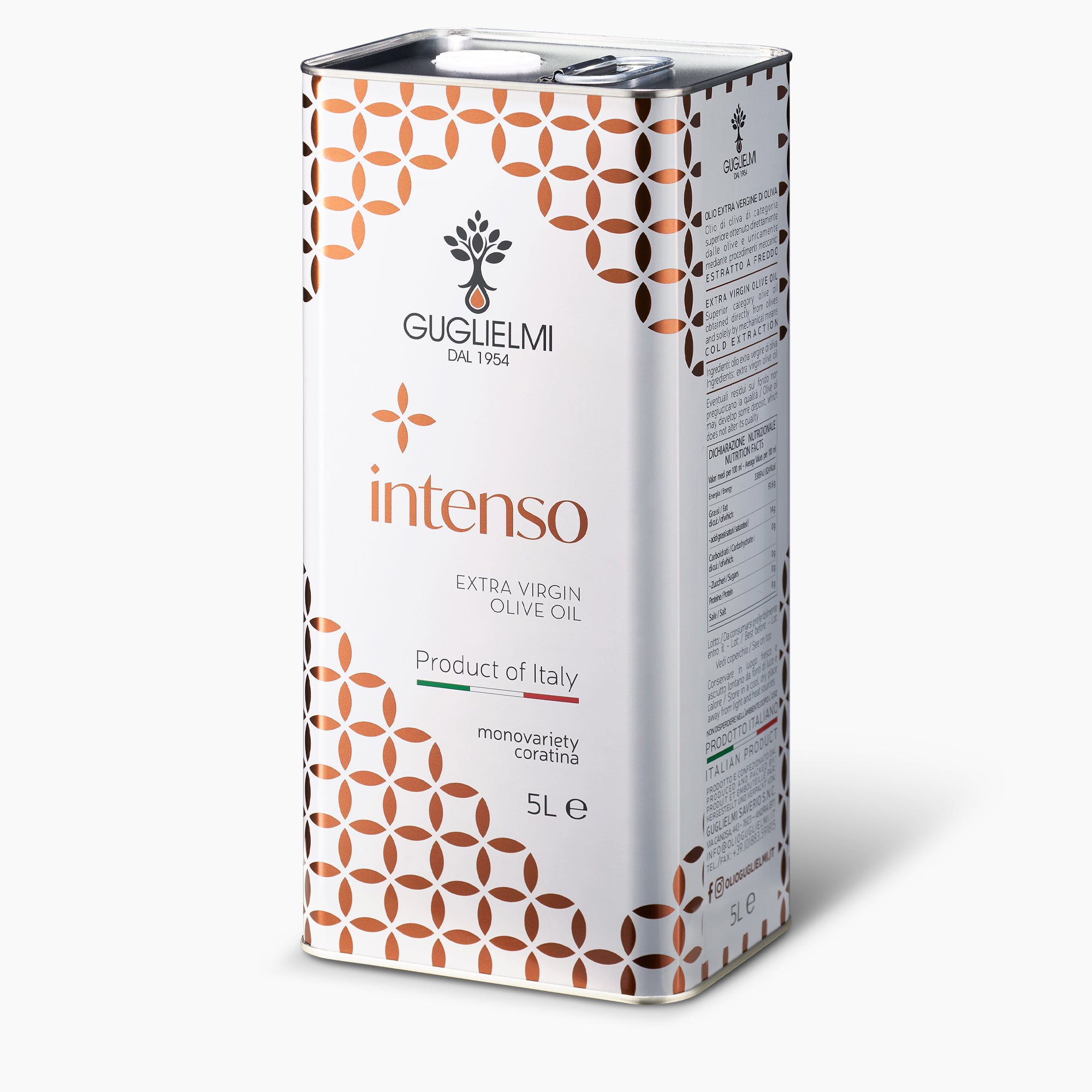 Angled view of Guglielmi Intenso 5L extra virgin olive oil tin from Puglia, Italy.