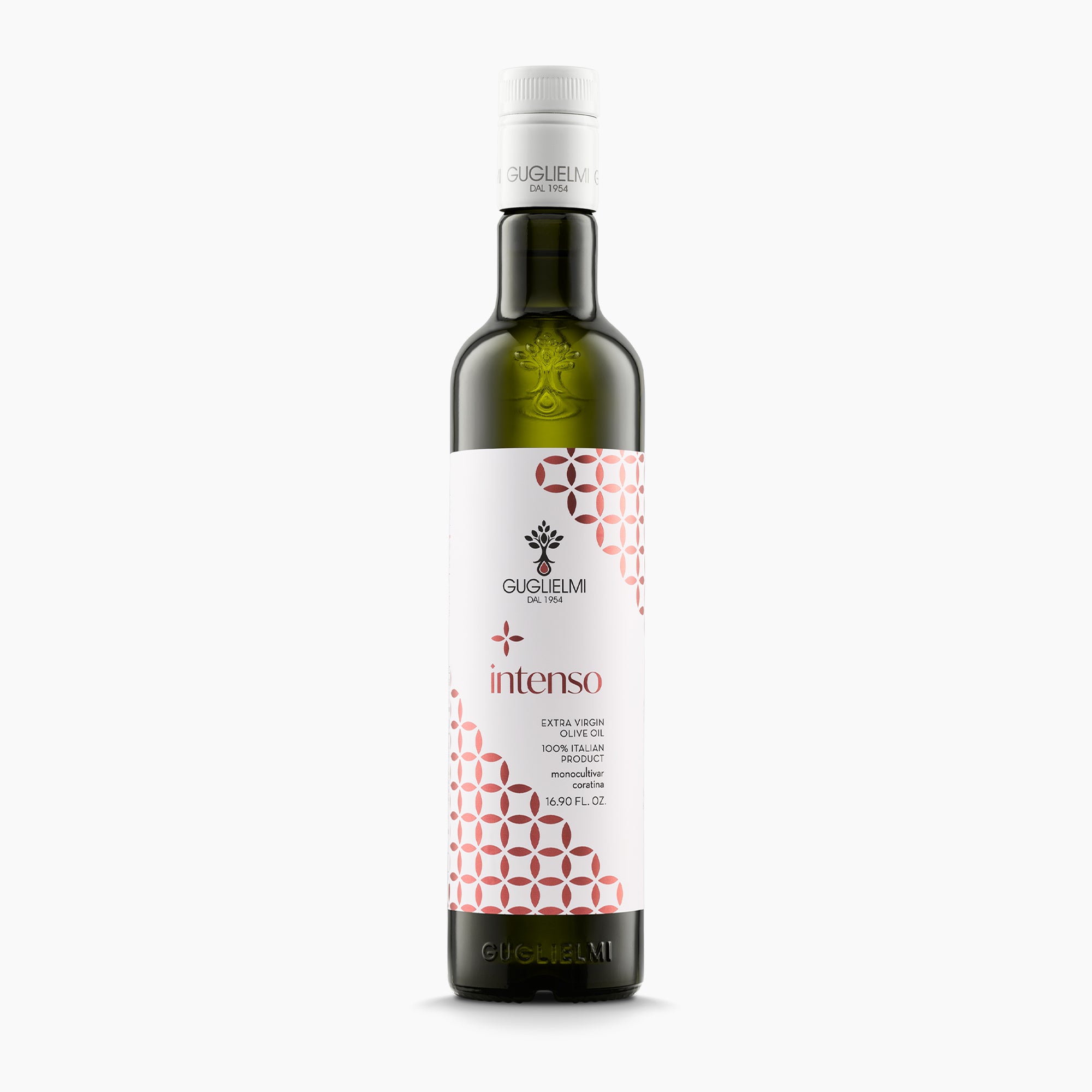 Guglielmi Intenso robust-intensity extra virgin olive oil 500 ml bottle from Coratina olives in Puglia, Italy.