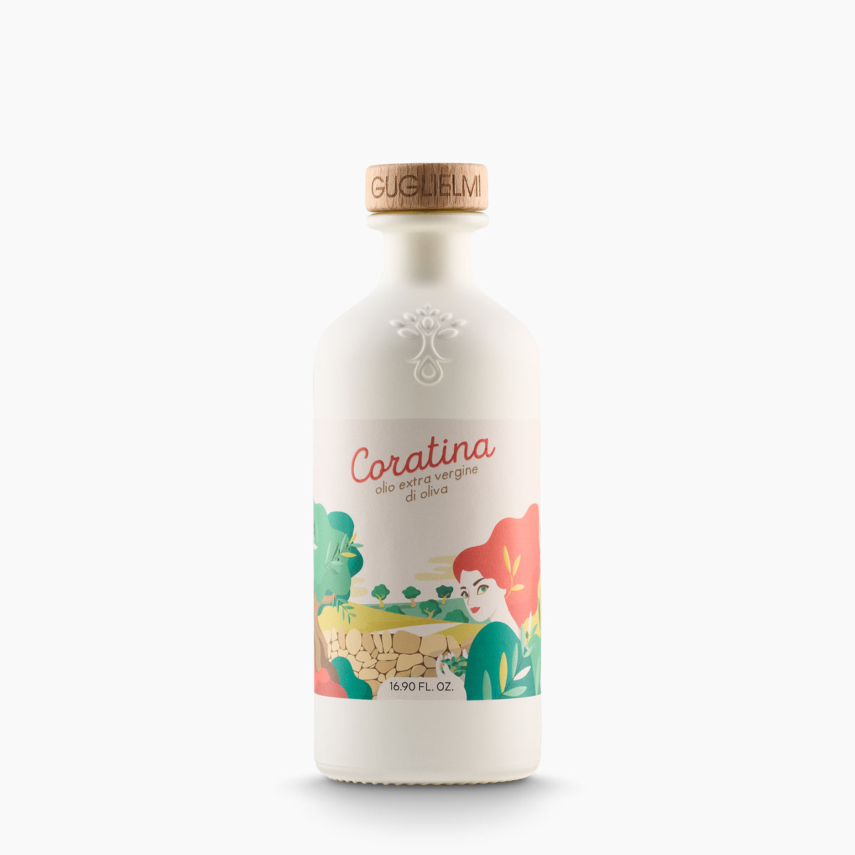 500ml Guglielmi Le Monocultivar Coratina extra virgin olive oil in a white bottle.
