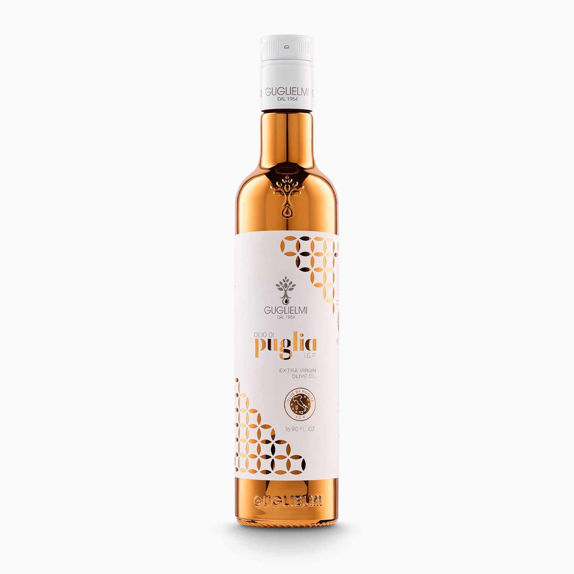 A 500 ml bottle of Guglielmi Olio di Puglia IGP extra virgin olive oil, from Puglia, Italy.