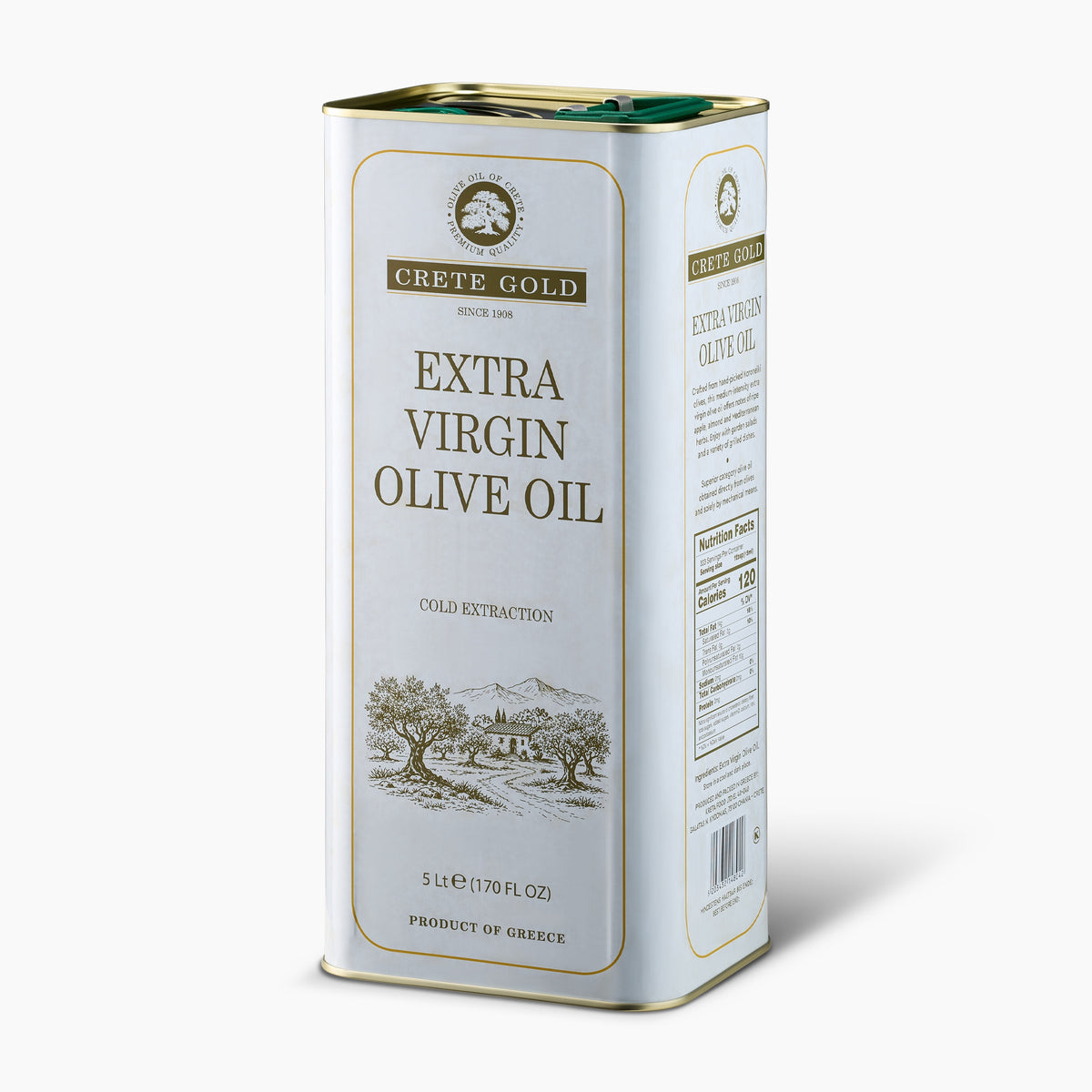 Crete Gold 5L extra virgin olive oil tin from an angled view.