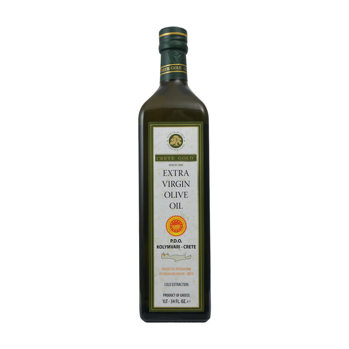 1L bottle of Crete Gold PDO Kolymvari extra virgin olive oil from Crete, Greece.