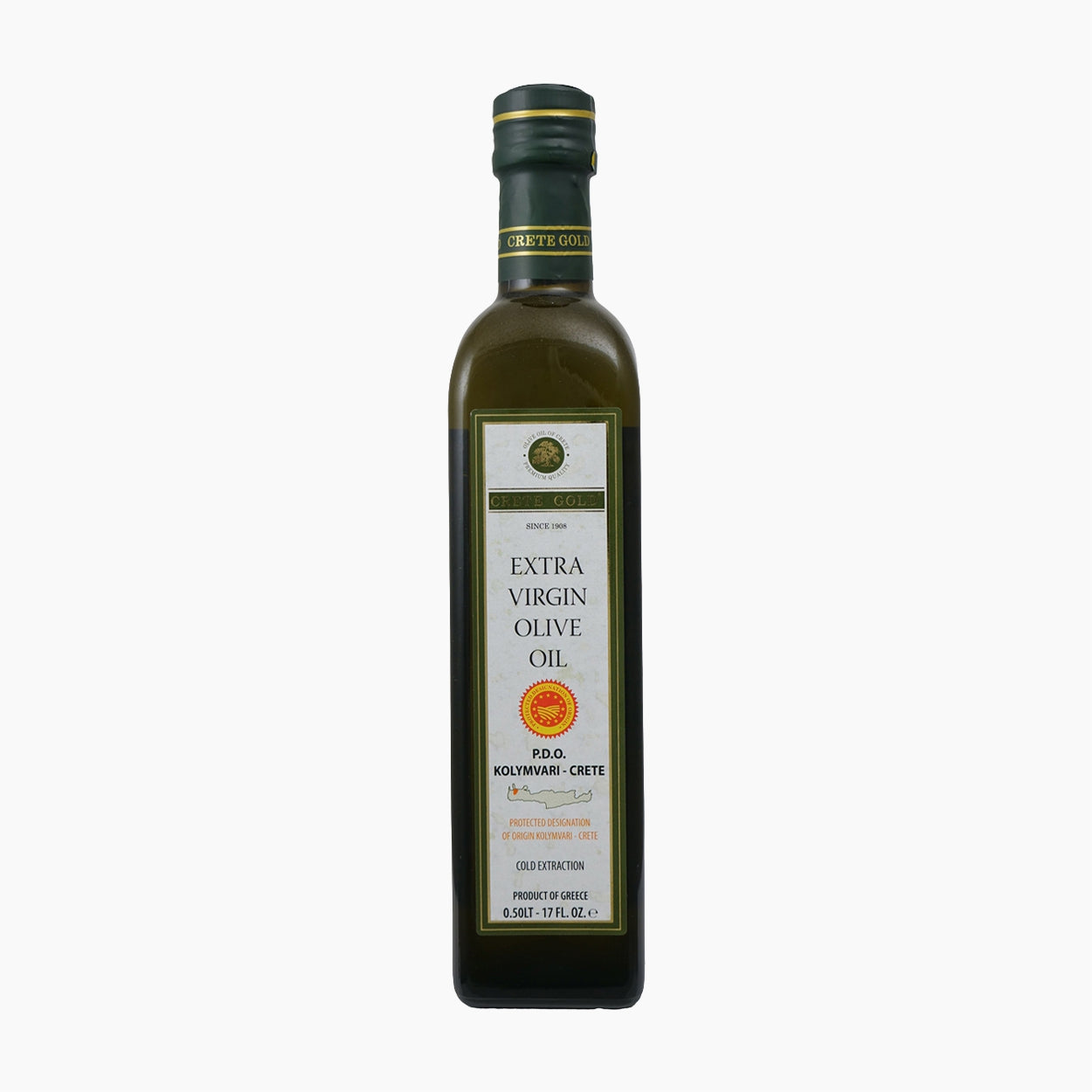 500 ml bottle of Crete Gold PDO Kolymvari extra virgin olive oil from Crete, Greece.