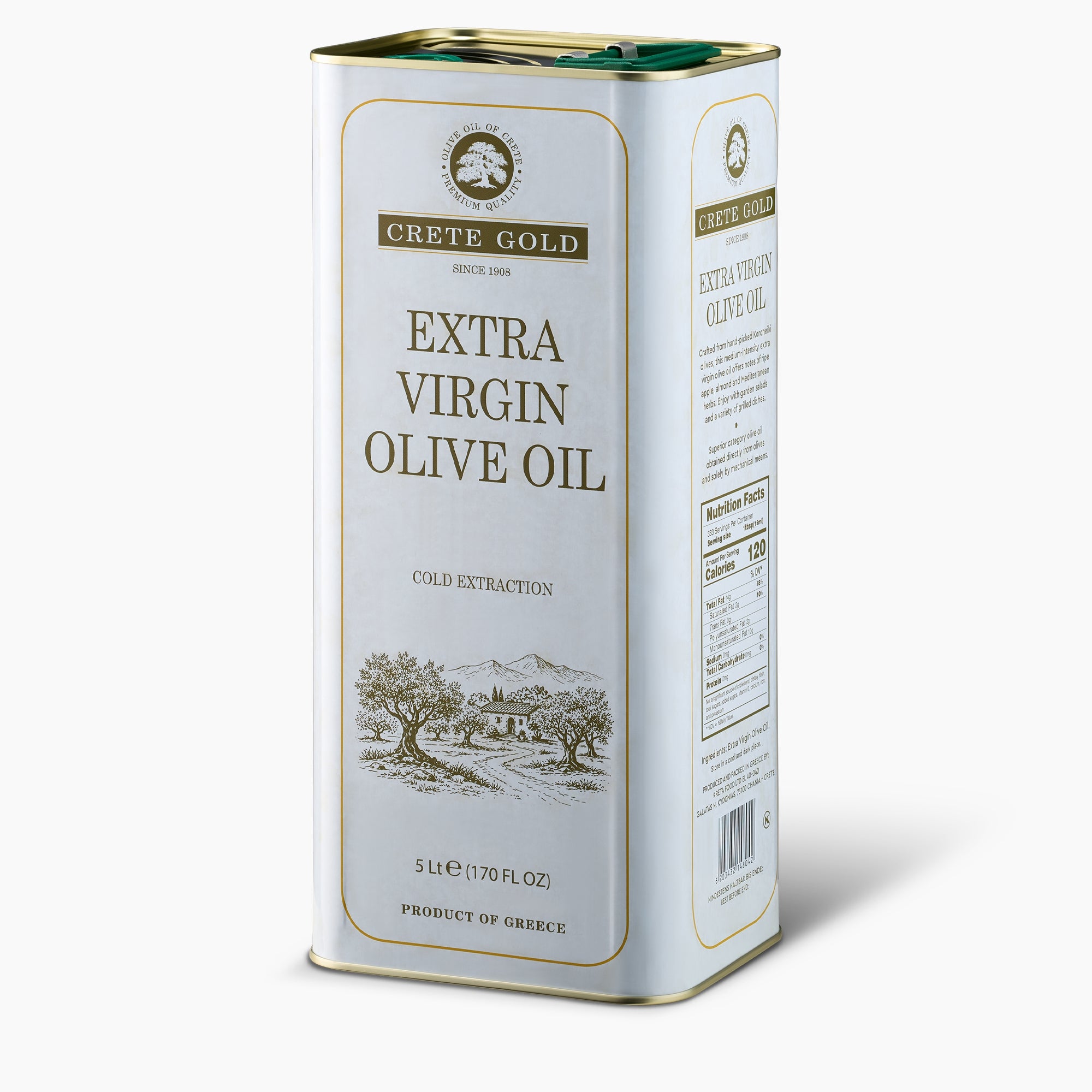 Crete Gold 5L extra virgin olive oil tin from an angled view.