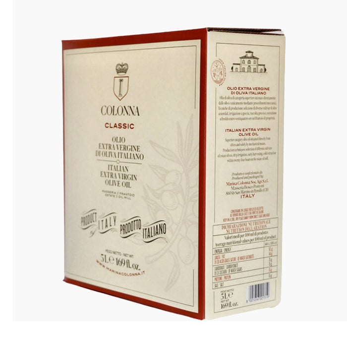 Angled view of Colonna Classic 5L Bag-in-Box extra virgin olive oil.