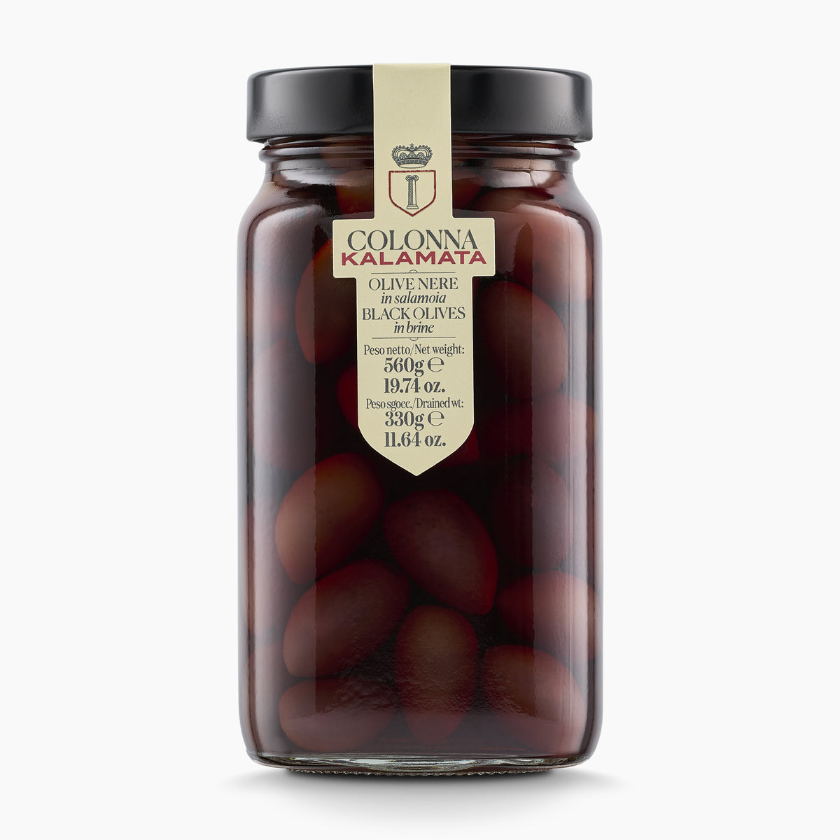 560g jar of Colonna Kalamata Black Olives from Italy.