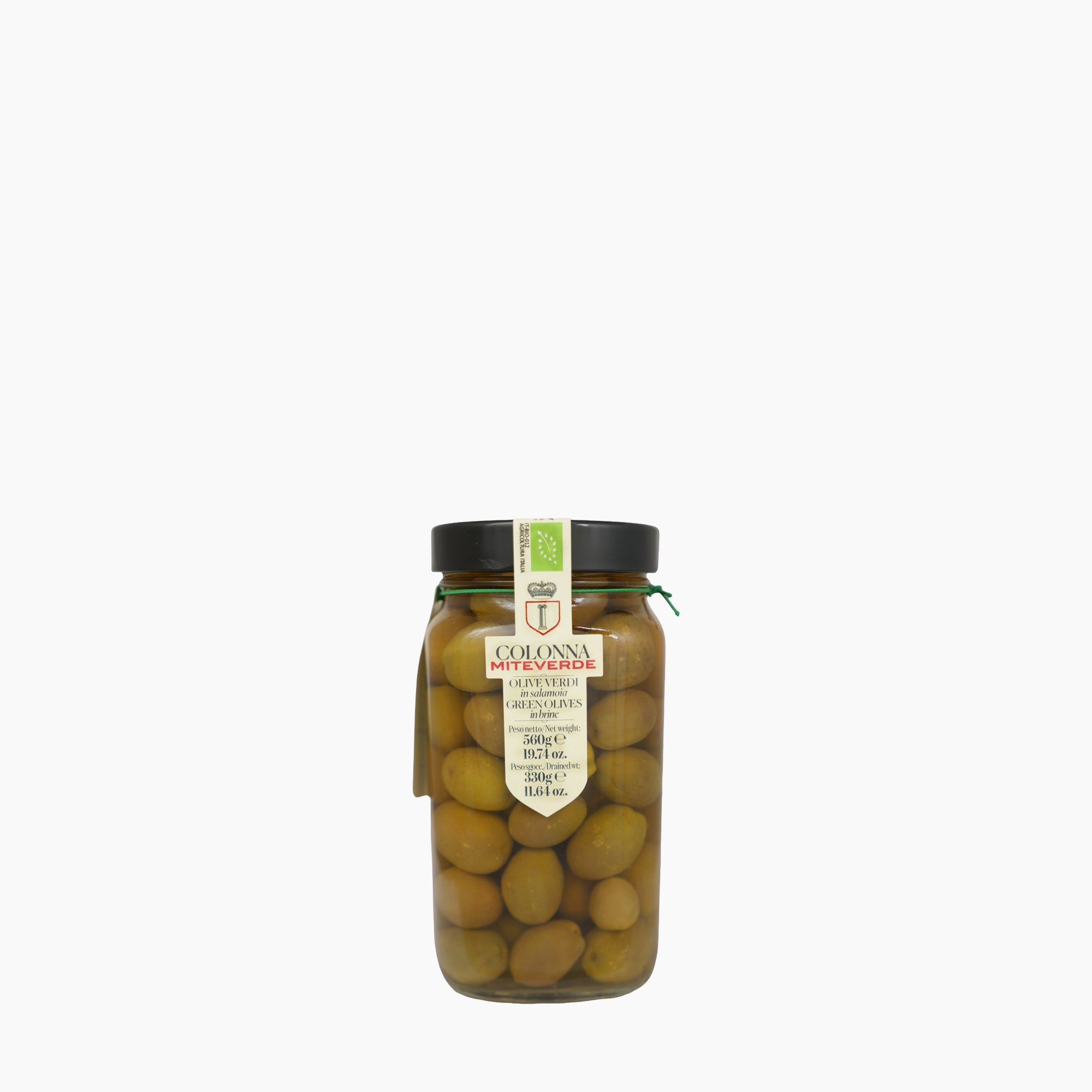 560g jar of Colonna Organic MiteVerde Green Olives from Italy.