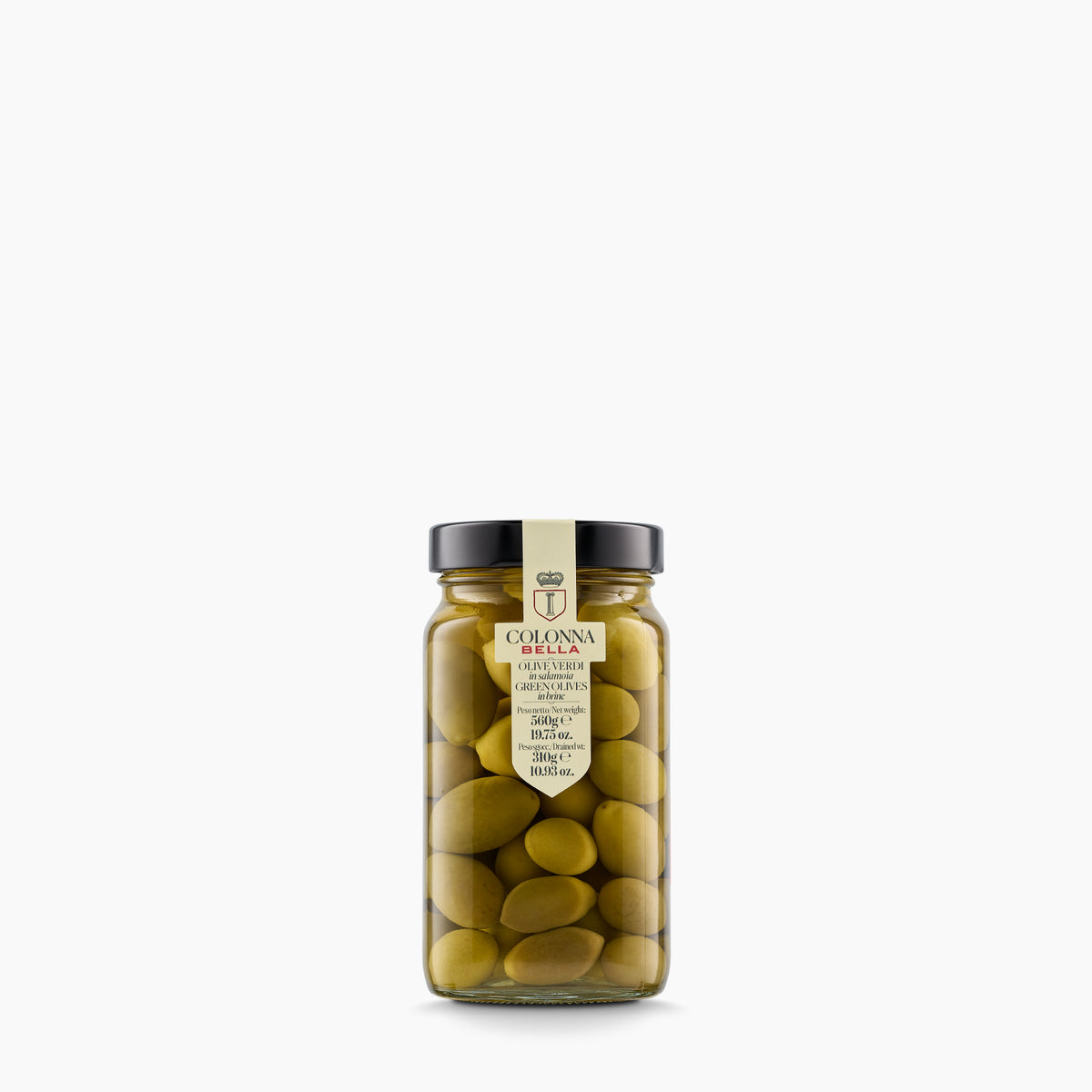 560g jar of Colonna Bella di Colonna Green Olives from Italy.