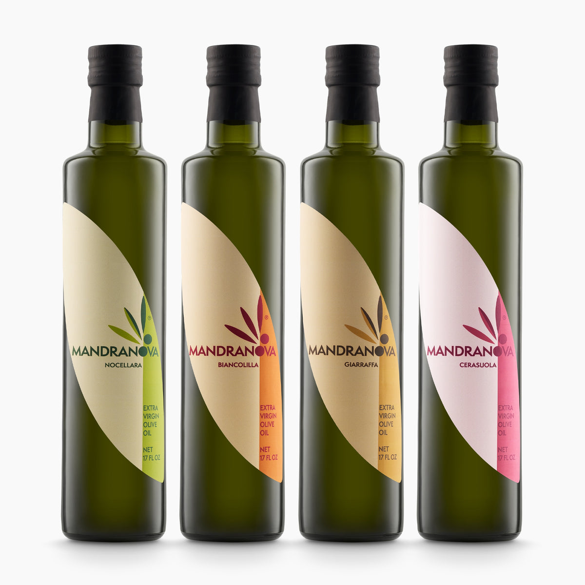 Mandranova Monocultivar set with four 500 ml olive oil bottles; Nocellara, Biancolilla, Giarraffa, and Cerasuola.
