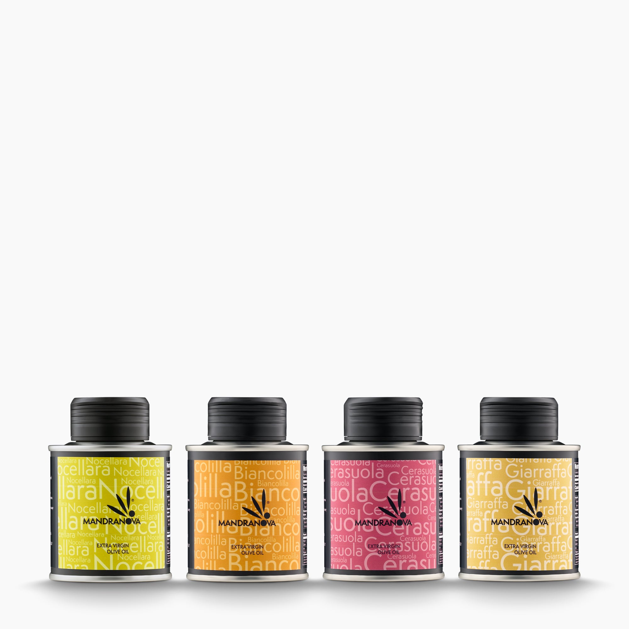 Mandranova Travel Pack set with four 100 ml bottles of monocultivar extra virgin olive oil.