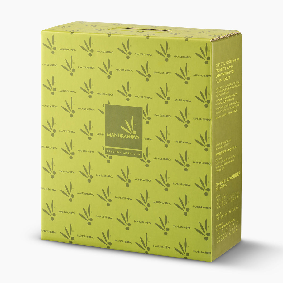 Angled view of a 5L bag-in-box of Mandranova Nocellara extra virgin olive oil.