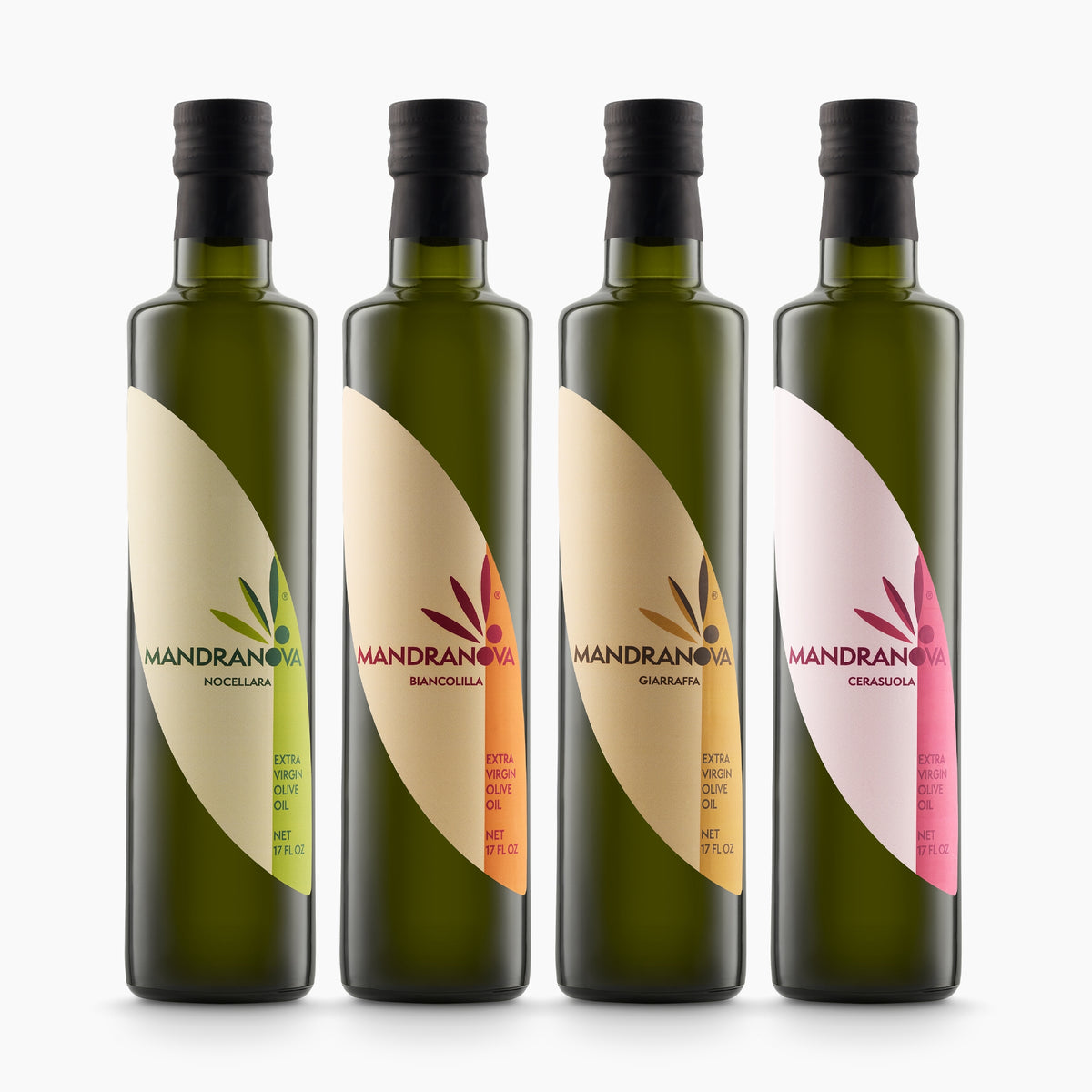 Mandranova Monocultivar set with four 500 ml olive oil bottles; Nocellara, Biancolilla, Giarraffa, and Cerasuola.