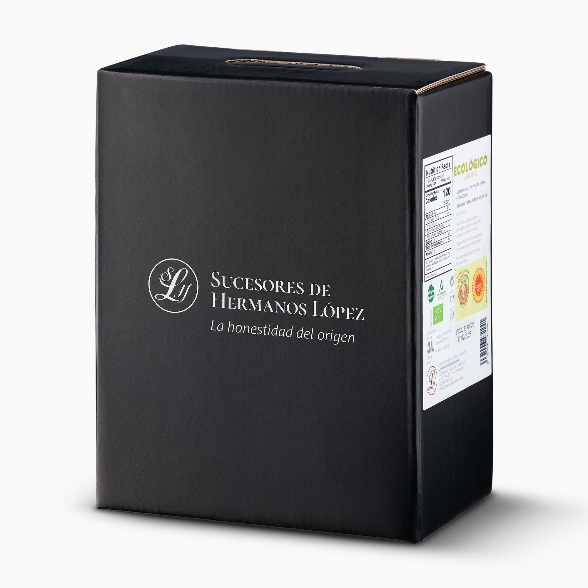 Angled view of La Laguna Organic 3L Bag-In-Box extra virgin olive oil.
