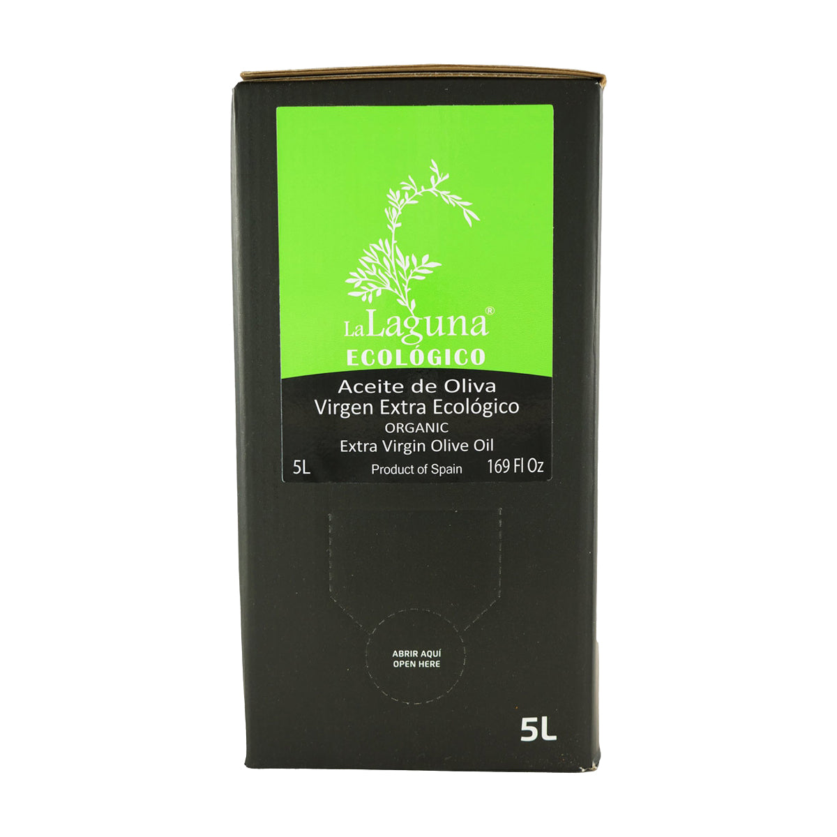 A 5L Bag-in-Box of La Laguna Organic extra virgin olive oil from Andalusia, Spain.