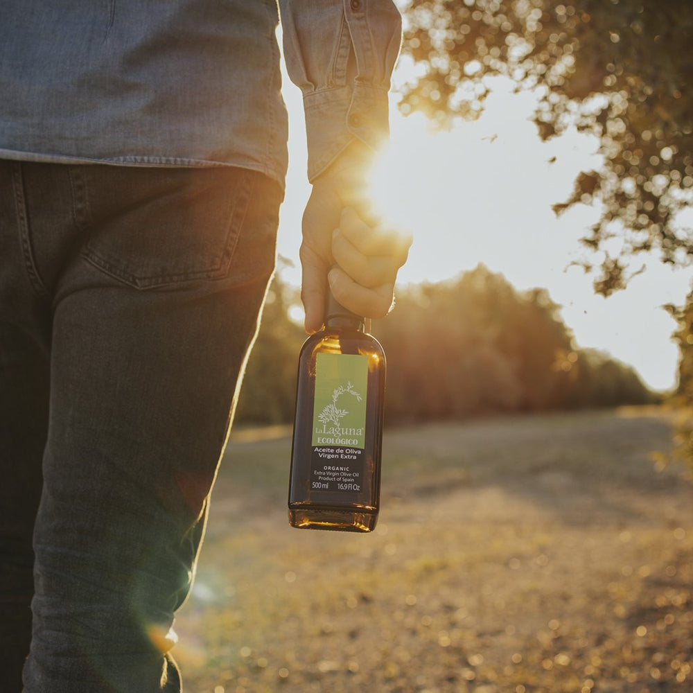 Carrying a La Laguna Organic extra virgin olive oil bottle through an olive grove at sunset.