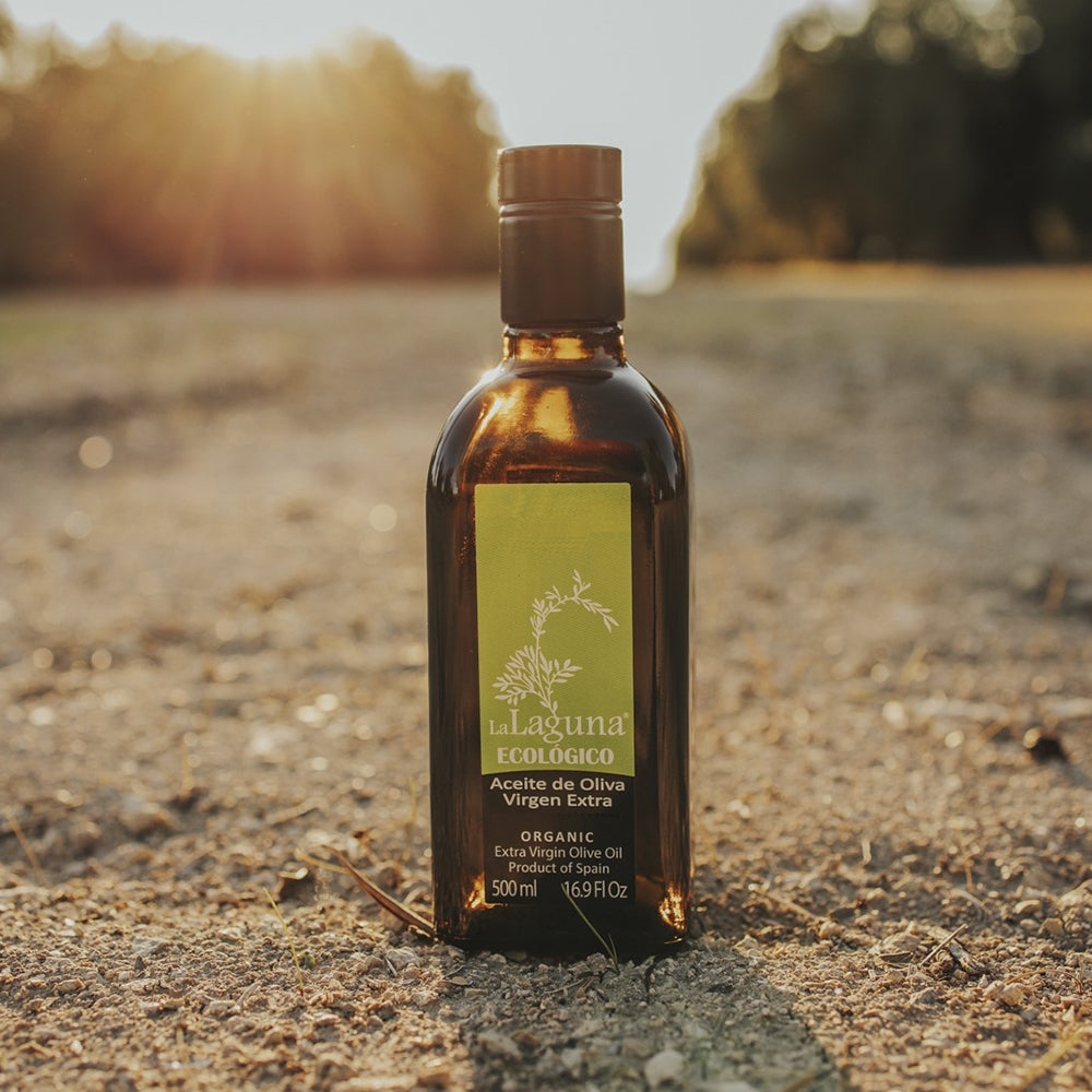 La Laguna Organic extra virgin olive oil on the ground in warm sunlight.