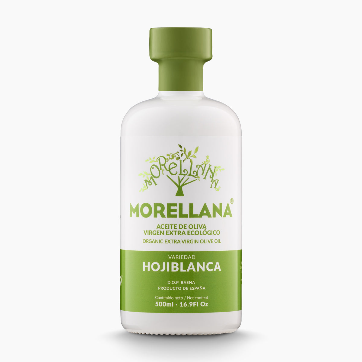 Morellana Organic Hojiblanca DOP Baena extra virgin olive oil, 500 ml bottle.