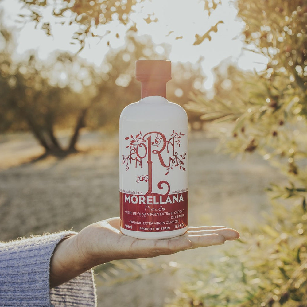 Morellana Organic Picuda DOP Baena 500 ml bottle in a sunlit olive grove.
