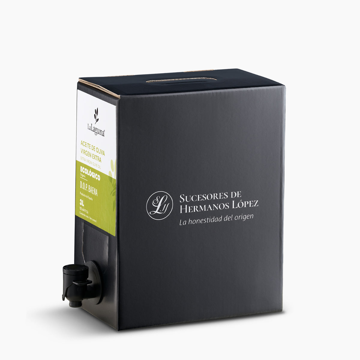 La Laguna Organic 3L Bag-In-Box extra virgin olive oil with dispensing spout extended.