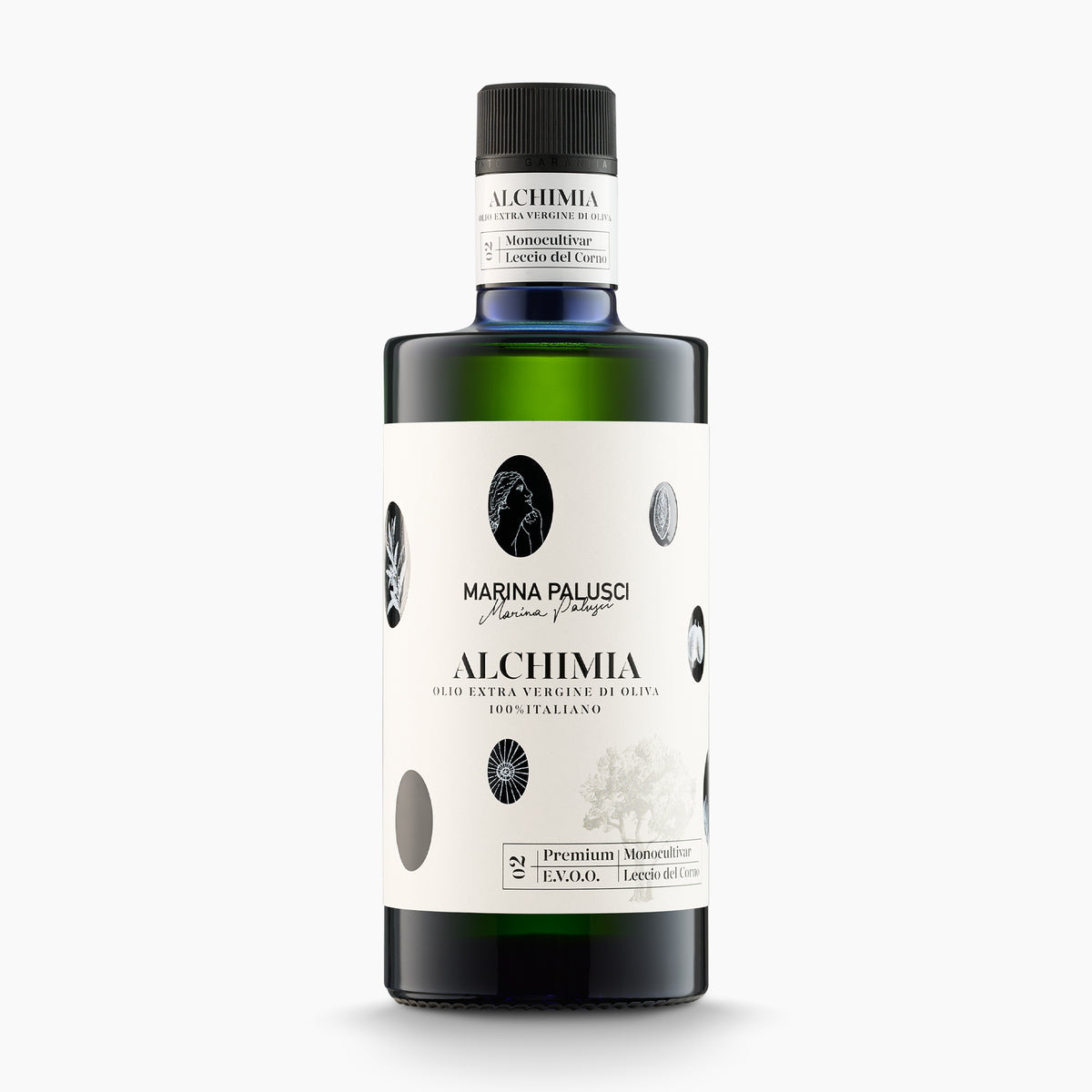 500 ml bottle of Marina Palusci Alchimia extra virgin olive oil from Abruzzo, Italy.