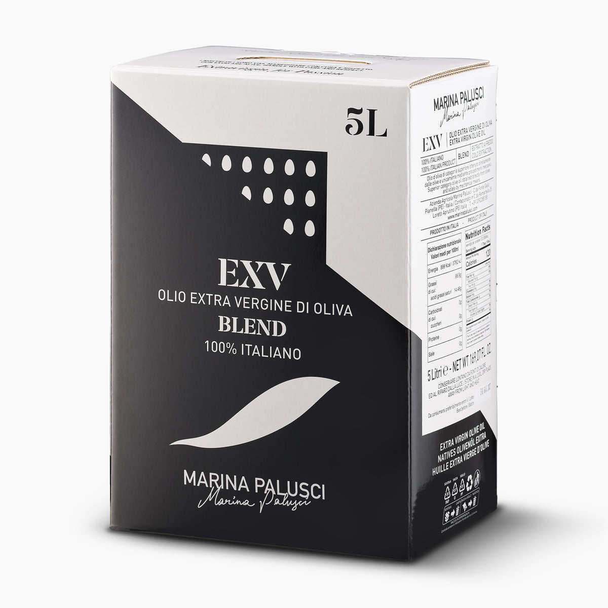 Angled view of Marina Palusci L'Extravergine 5L Bag-in-Box.