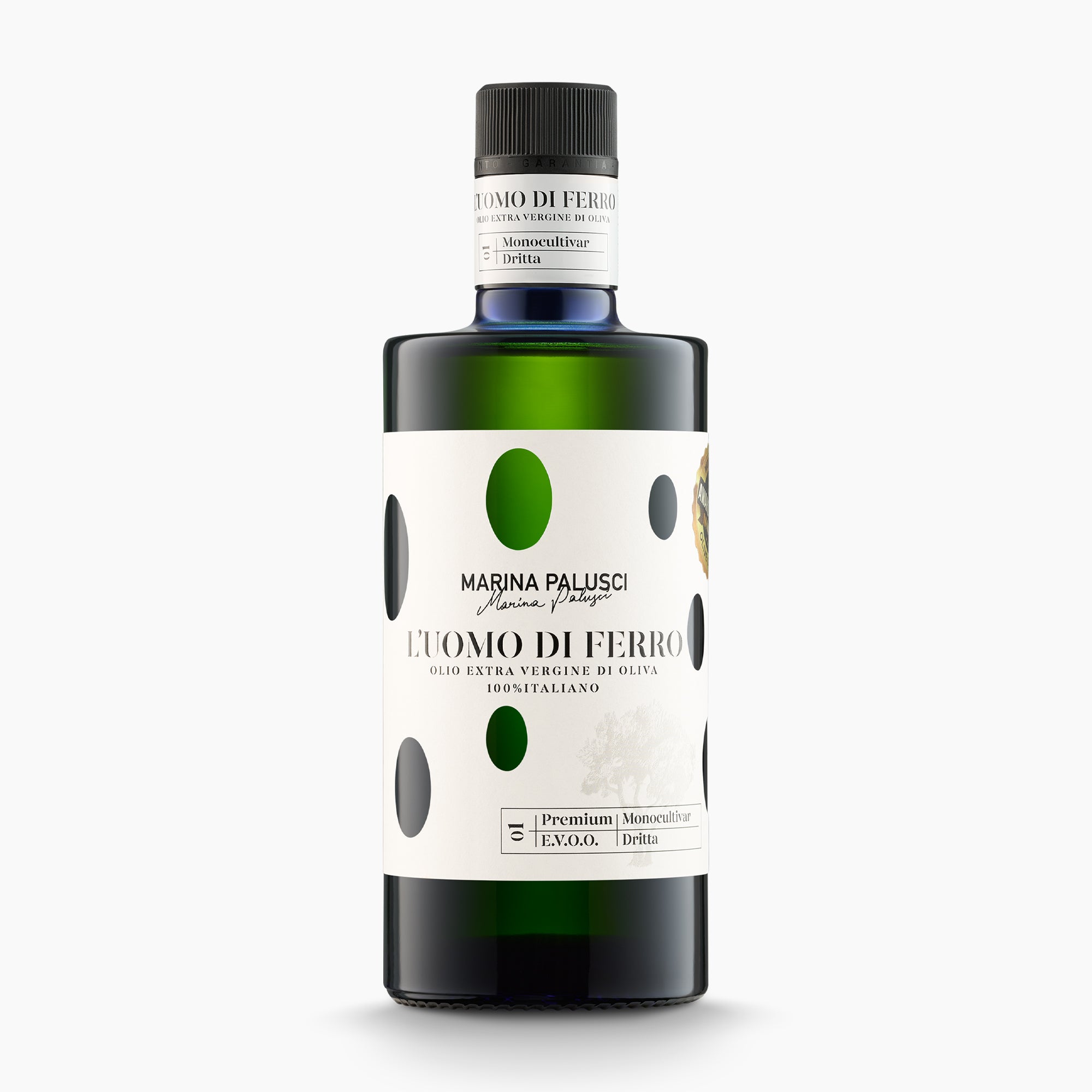 Marina Palusci L'Uomo di Ferro 500ml extra virgin olive oil bottle from Abruzzo, Italy.