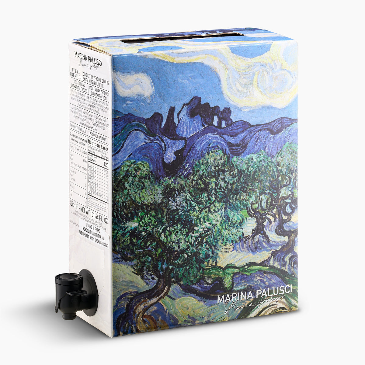 Angled view of Marina Palusci L'Uomo di Ferro 3L Bag-In-Box with dispensing spout extended.