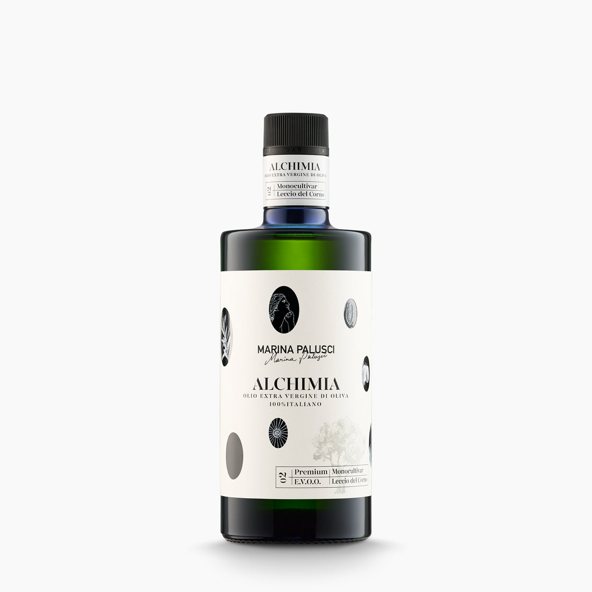 500 ml bottle of Marina Palusci Alchimia extra virgin olive oil from Abruzzo, Italy.