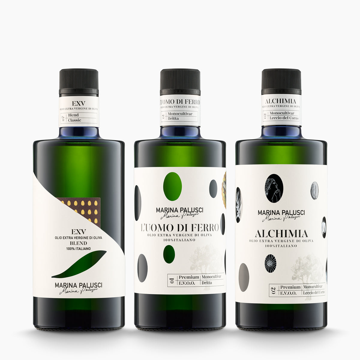 Three 500 ml olive oil bottles from Marina Palusci; L'Extravergine, L'Uomo di Ferro, and Alchimia.