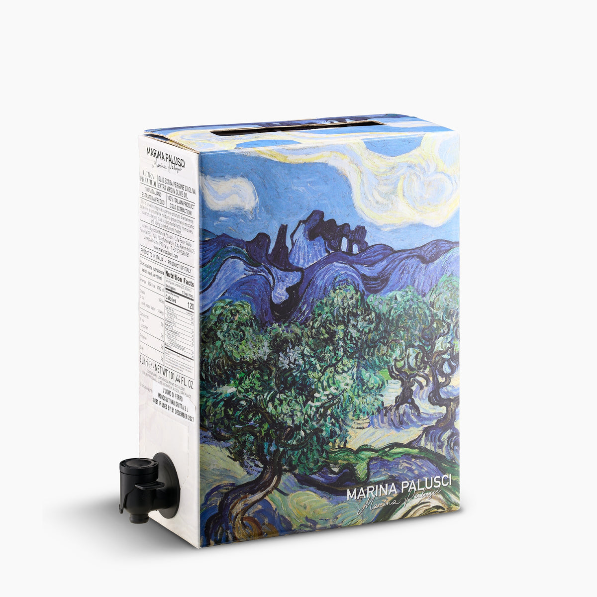 Angled view of Marina Palusci L'Uomo di Ferro 3L Bag-In-Box with dispensing spout extended.