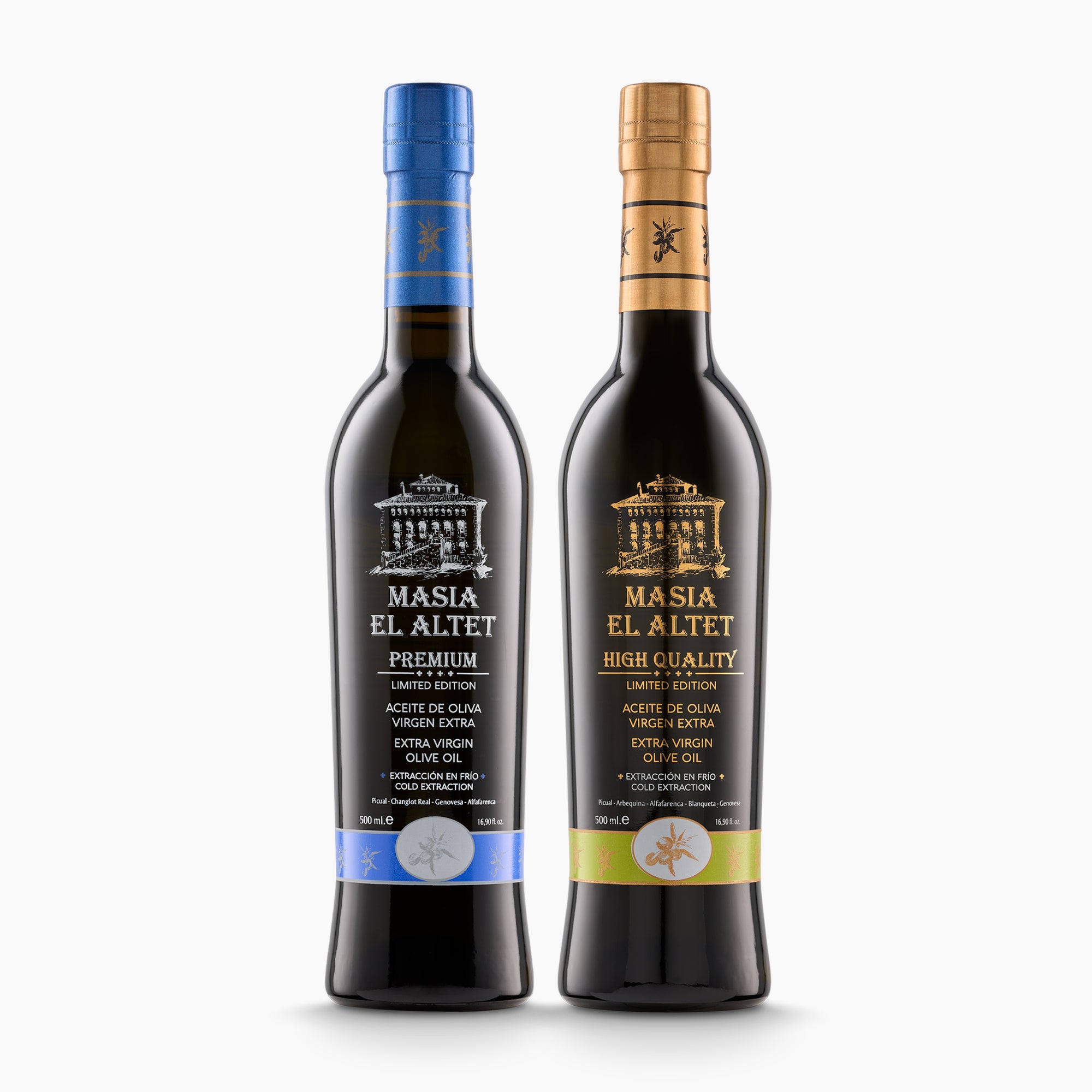 Two 500 ml Masia El Altet bottles; Premium and High Quality, from Valencia, Spain.