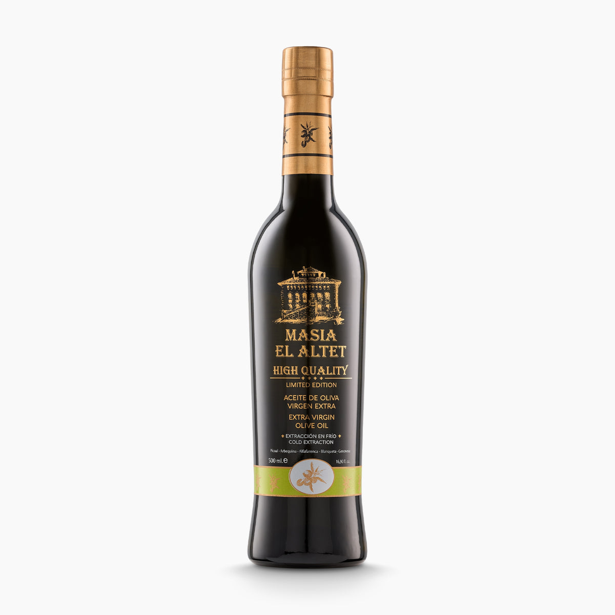 Masia el Altet High Quality 500 ml extra virgin olive oil bottle from Valencia, Spain.