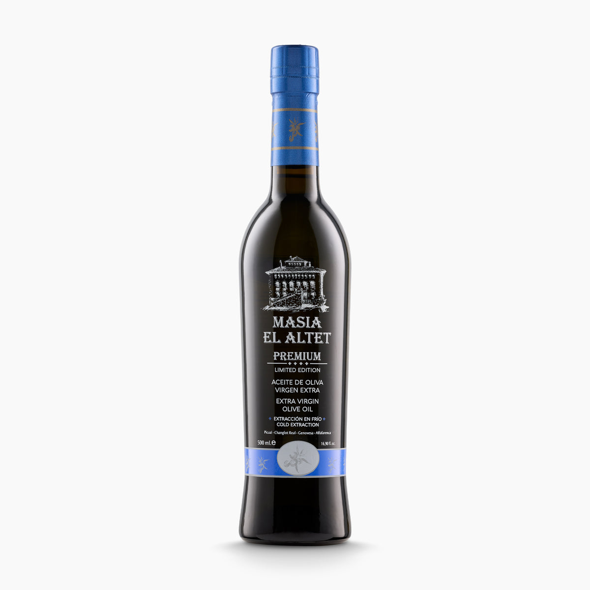 500 ml bottle of Masia el Altet Premium extra virgin olive oil from Valencia, Spain.