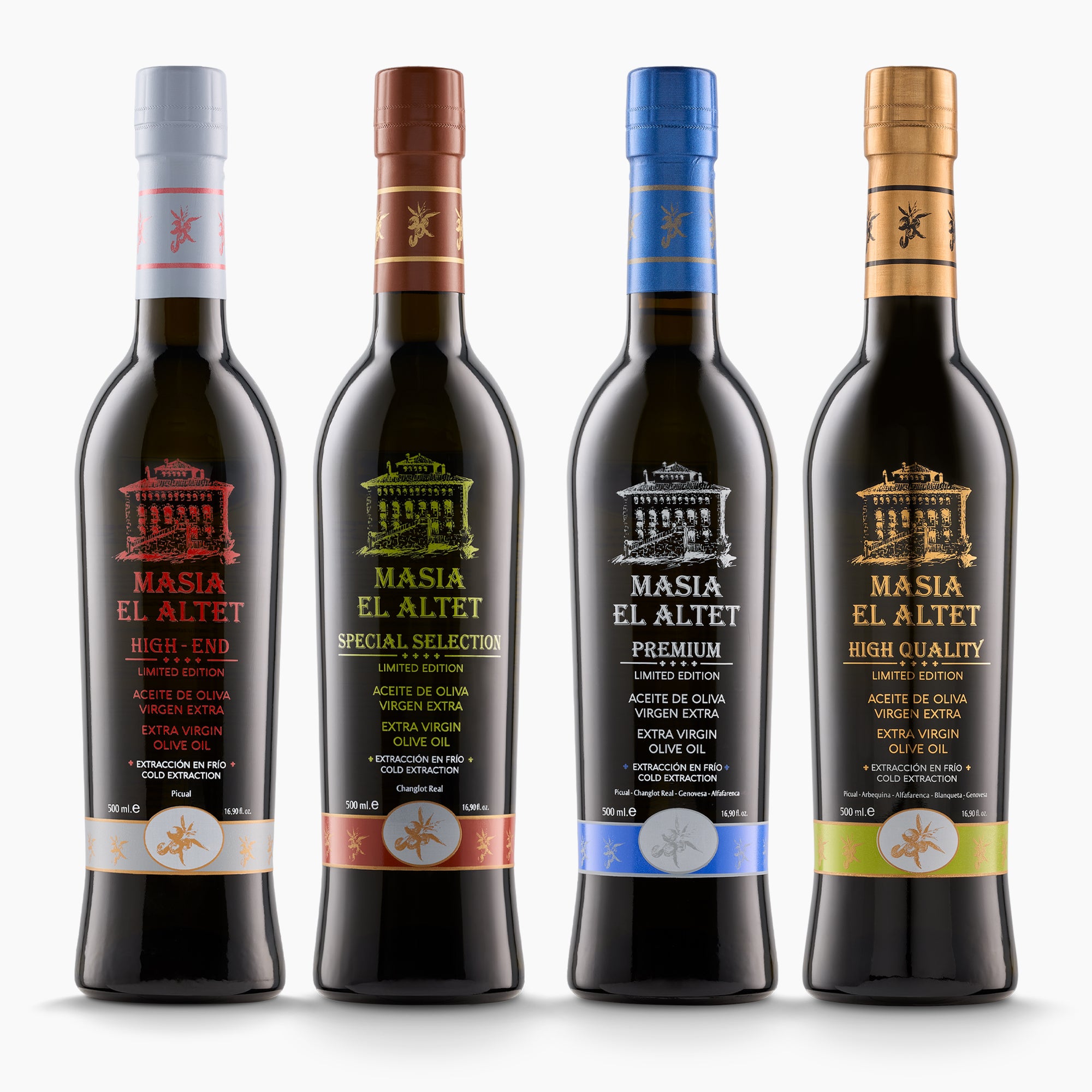 Four Masia el Altet extra virgin olive oil bottles; High End, Special Selection, Premium, and High Quality.