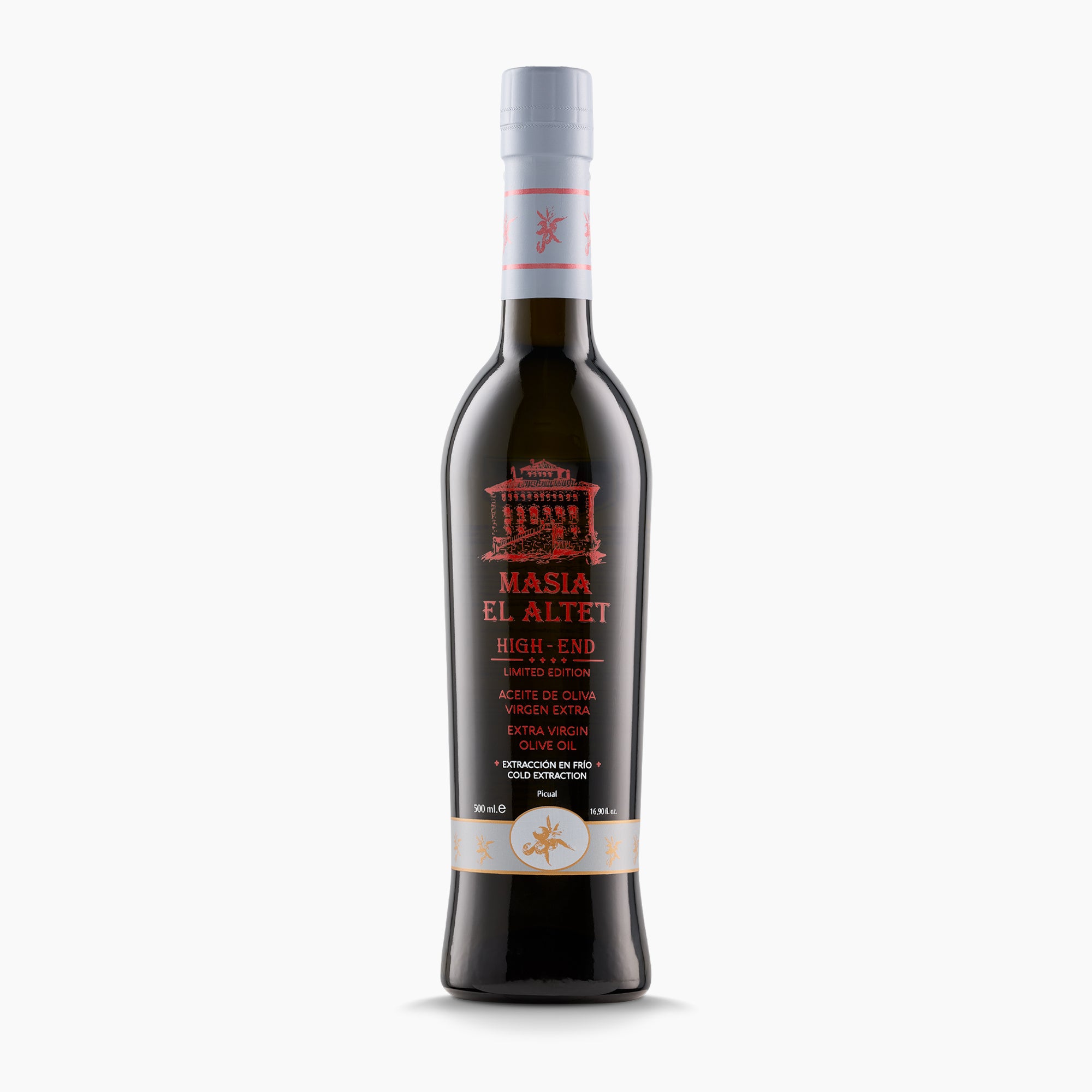 500 ml bottle of Masia el Altet High End extra virgin olive oil from Valencia, Spain.