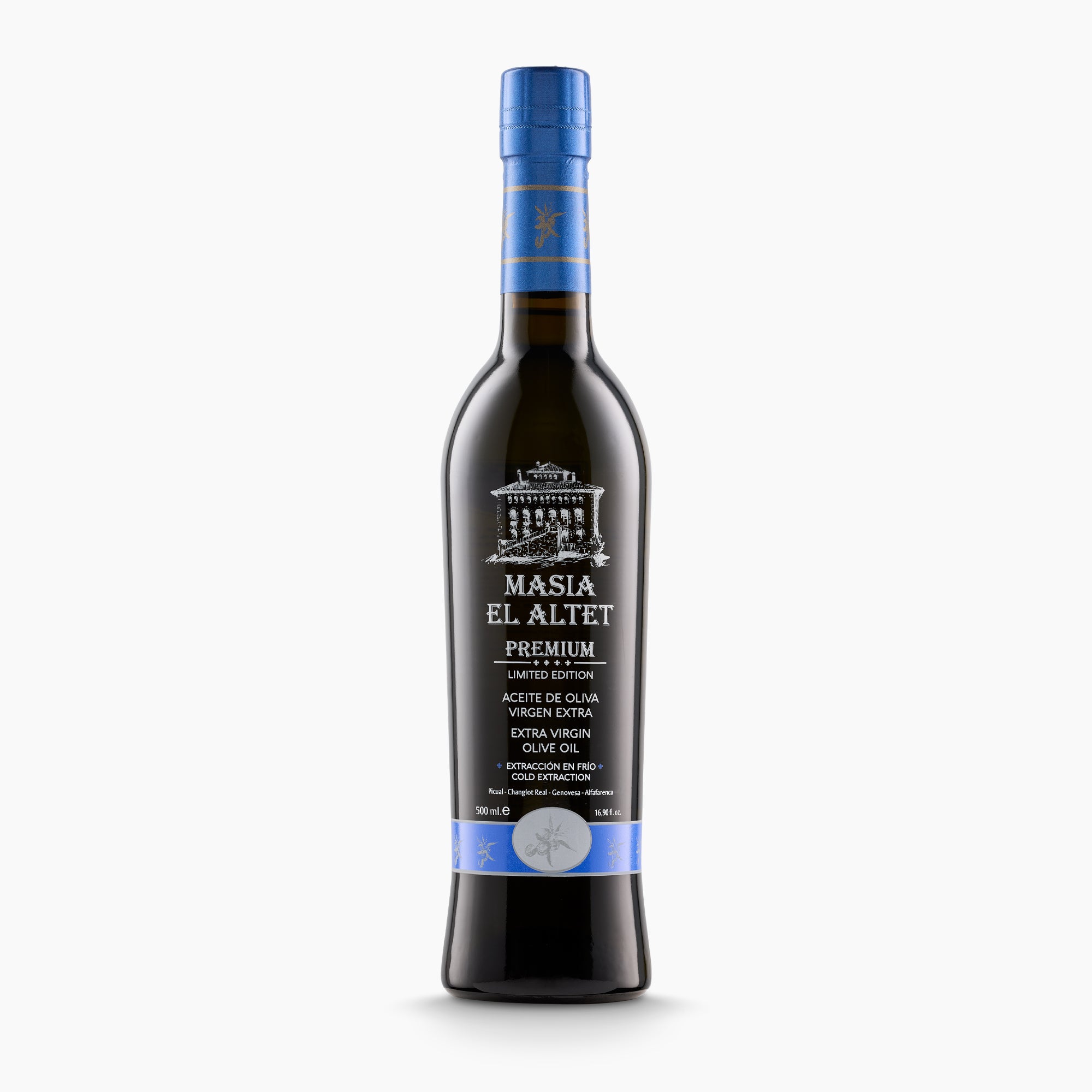 500 ml bottle of Masia el Altet Premium extra virgin olive oil from Valencia, Spain.
