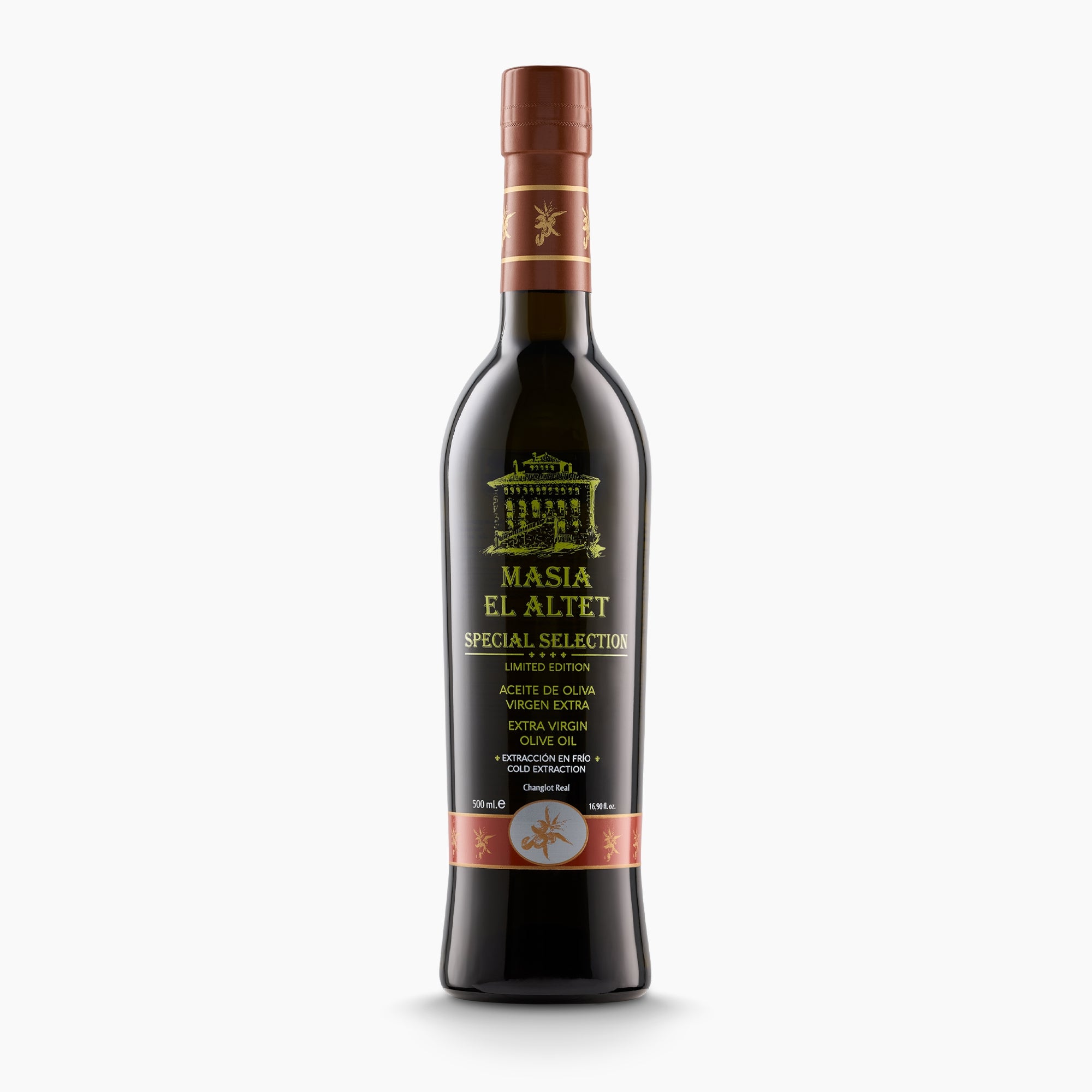 500 ml bottle of Masia el Altet Special Selection extra virgin olive oil from Valencia, Spain.