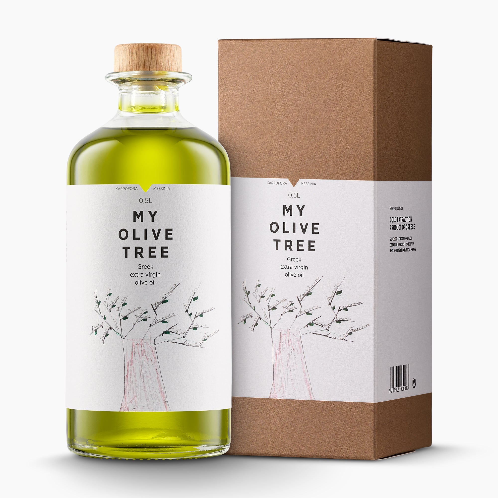 A 500 ml bottle of My Olive Tree Greek extra virgin olive oil with its gift box.