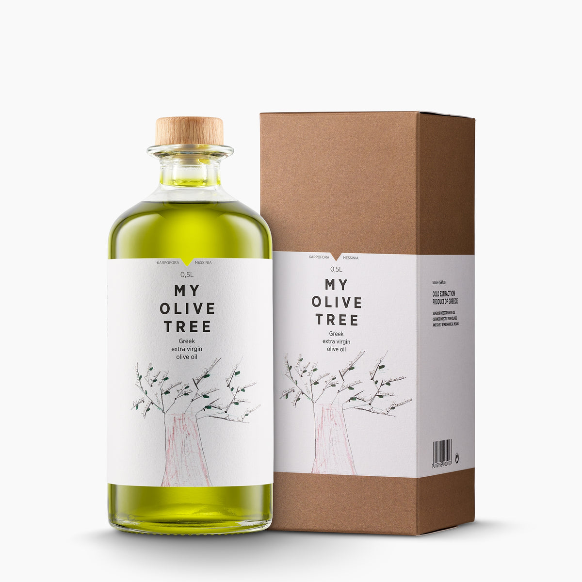 A 500 ml bottle of My Olive Tree Greek extra virgin olive oil with its gift box.