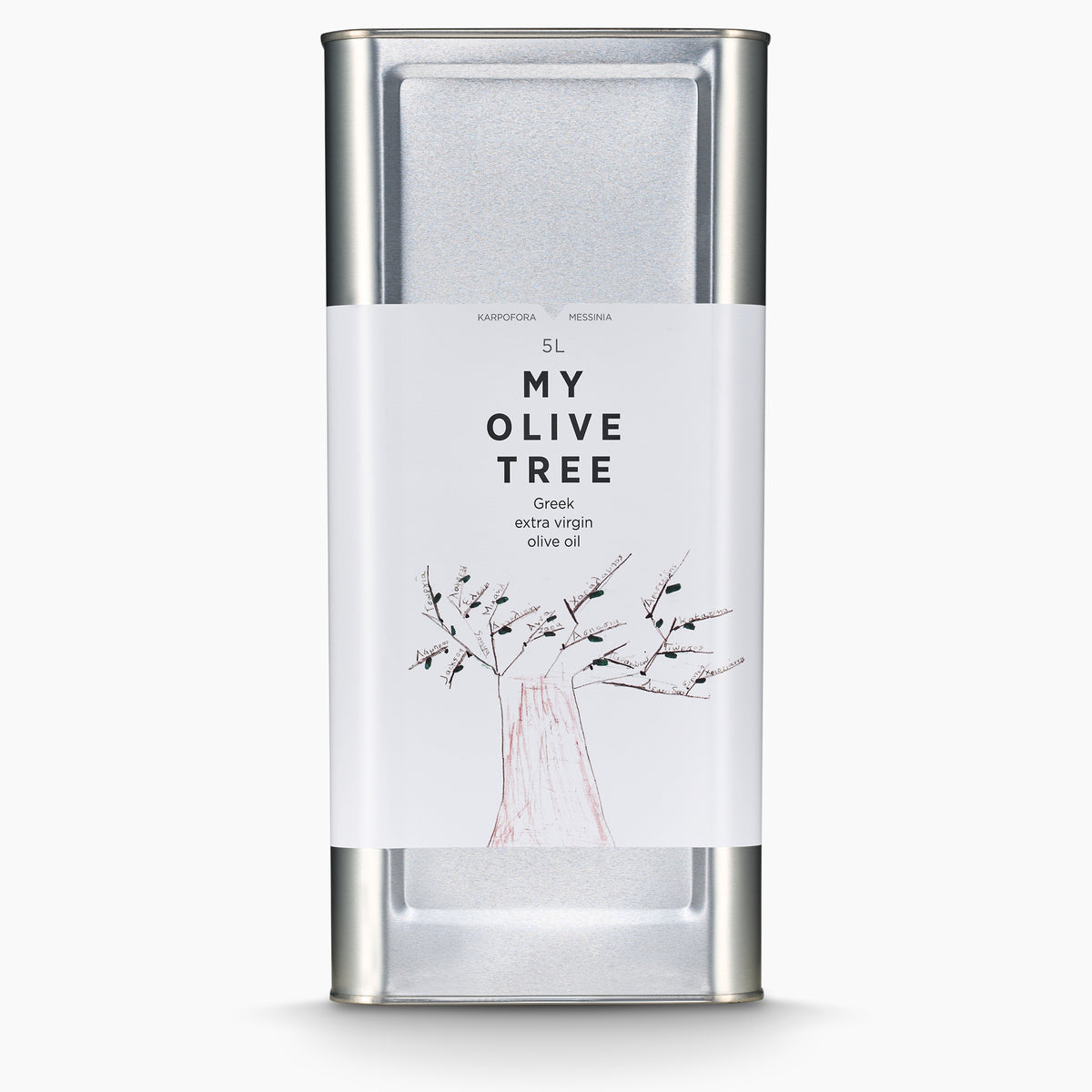A 5L Tin of My Olive Tree extra virgin olive oil from Peloponnese, Greece.
